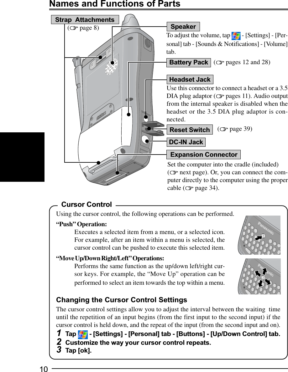 10Names and Functions of PartsTo adjust the volume, tap   - [Settings] - [Per-sonal] tab - [Sounds &amp; Notifications] - [Volume]tab.Use this connector to connect a headset or a 3.5DIA plug adaptor (  pages 11). Audio outputfrom the internal speaker is disabled when theheadset or the 3.5 DIA plug adaptor is con-nected.( pages 12 and 28)Set the computer into the cradle (included)( next page). Or, you can connect the com-puter directly to the computer using the propercable (  page 34).Cursor ControlUsing the cursor control, the following operations can be performed.“Push” Operation:Executes a selected item from a menu, or a selected icon.For example, after an item within a menu is selected, thecursor control can be pushed to execute this selected item.“Move Up/Down Right/Left” Operations:Performs the same function as the up/down left/right cur-sor keys. For example, the “Move Up” operation can beperformed to select an item towards the top within a menu.Changing the Cursor Control SettingsThe cursor control settings allow you to adjust the interval between the waiting  timeuntil the repetition of an input begins (from the first input to the second input) if thecursor control is held down, and the repeat of the input (from the second input and on).1Tap   - [Settings] - [Personal] tab - [Buttons] - [Up/Down Control] tab.2Customize the way your cursor control repeats.3Tap [ok].Strap  Attachments (  page 8)( page 39)Battery PackSpeakerHeadset JackExpansion ConnectorReset SwitchDC-IN Jack