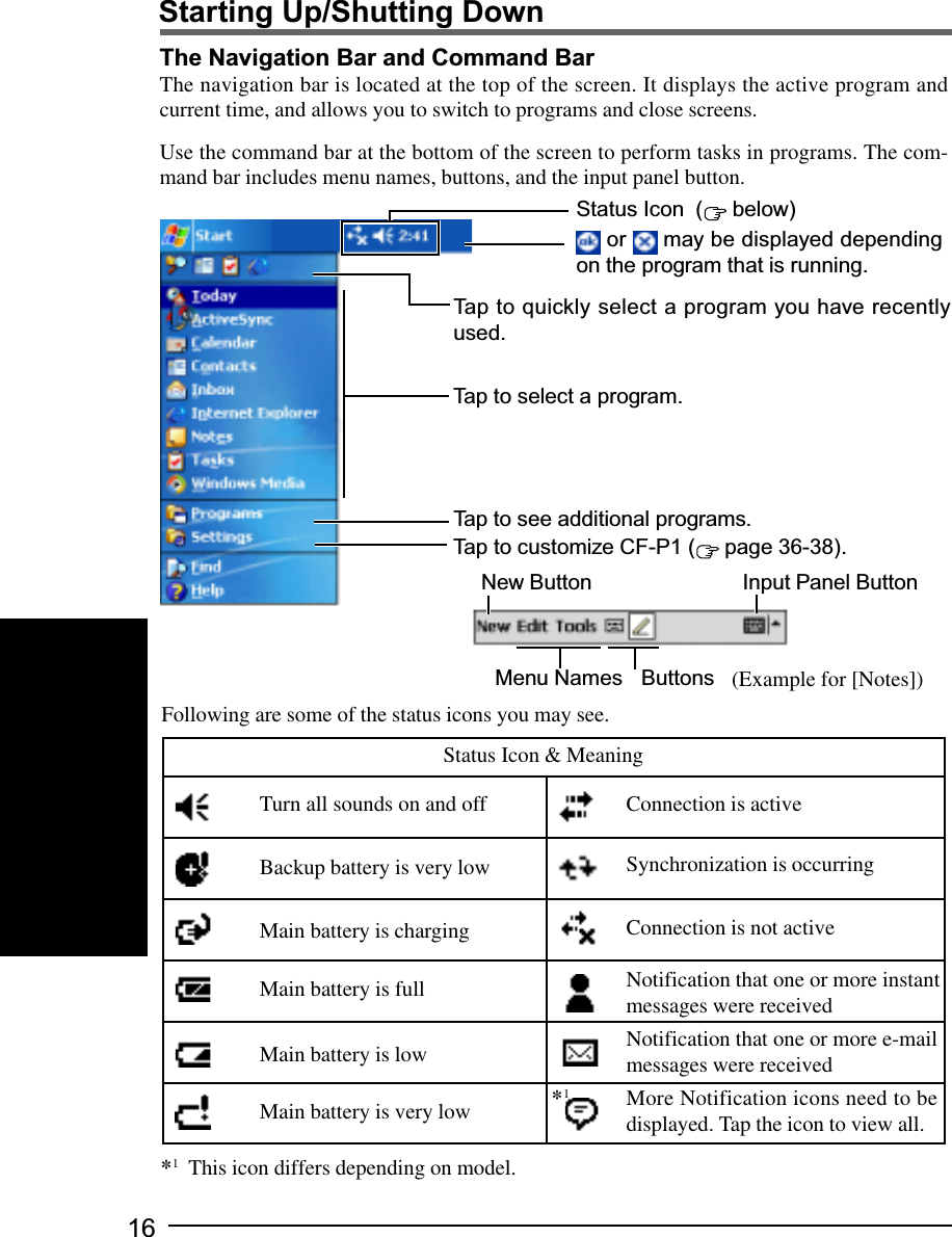 16Starting Up/Shutting DownThe Navigation Bar and Command BarThe navigation bar is located at the top of the screen. It displays the active program andcurrent time, and allows you to switch to programs and close screens.Use the command bar at the bottom of the screen to perform tasks in programs. The com-mand bar includes menu names, buttons, and the input panel button. or   may be displayed dependingon the program that is running.Status Icon  (  below)New ButtonMenu Names ButtonsInput Panel Button(Example for [Notes])Tap to quickly select a program you have recentlyused.Tap to select a program.Tap to see additional programs.Tap to customize CF-P1 (  page 36-38).Following are some of the status icons you may see.Turn all sounds on and offBackup battery is very lowMain battery is chargingMain battery is very lowMain battery is lowMain battery is fullStatus Icon &amp; MeaningConnection is activeSynchronization is occurringNotification that one or more instantmessages were receivedNotification that one or more e-mailmessages were receivedMore Notification icons need to bedisplayed. Tap the icon to view all.Connection is not active*1*1This icon differs depending on model.