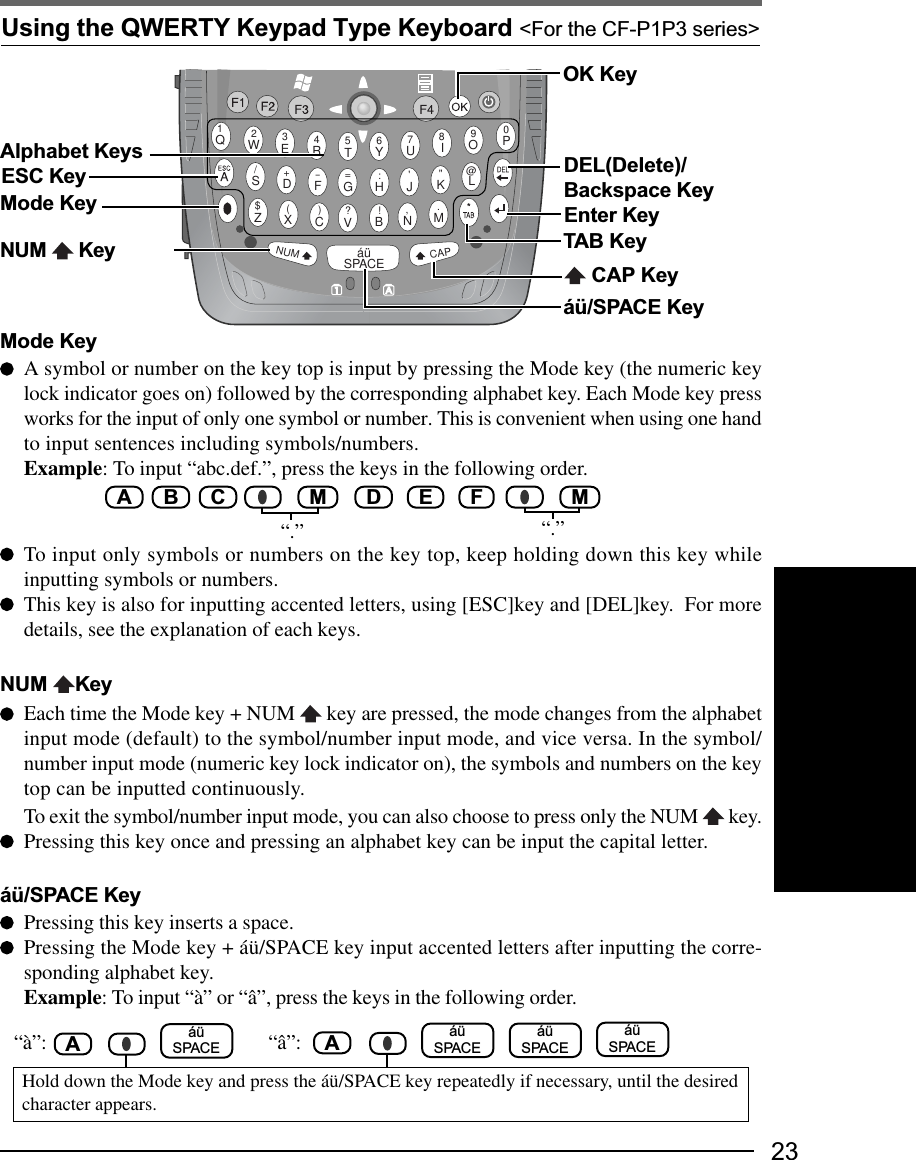 23QWERTYUIOPLJKHGFDSZXCVBNMáüSPACENUMCAP1234567890/+=?$!,.)(:&apos;&quot;@-Mode KeyA symbol or number on the key top is input by pressing the Mode key (the numeric keylock indicator goes on) followed by the corresponding alphabet key. Each Mode key pressworks for the input of only one symbol or number. This is convenient when using one handto input sentences including symbols/numbers.Example: To input “abc.def.”, press the keys in the following order.          A      B      C              M       D       E       F                     MTo input only symbols or numbers on the key top, keep holding down this key whileinputting symbols or numbers.This key is also for inputting accented letters, using [ESC]key and [DEL]key.  For moredetails, see the explanation of each keys.NUM  KeyEach time the Mode key + NUM   key are pressed, the mode changes from the alphabetinput mode (default) to the symbol/number input mode, and vice versa. In the symbol/number input mode (numeric key lock indicator on), the symbols and numbers on the keytop can be inputted continuously.To exit the symbol/number input mode, you can also choose to press only the NUM   key.Pressing this key once and pressing an alphabet key can be input the capital letter.áü/SPACE KeyPressing this key inserts a space.Pressing the Mode key + áü/SPACE key input accented letters after inputting the corre-sponding alphabet key.Example: To input “à” or “â”, press the keys in the following order.OK Key CAP KeyMode KeyNUM   KeyDEL(Delete)/Backspace KeyEnter Keyáü/SPACE KeyAlphabet KeysTAB Key“.” “.”Using the QWERTY Keypad Type Keyboard &lt;For the CF-P1P3 series&gt;ESC Key“à”: áüSPACE  A“â”: áüSPACEáüSPACE A áüSPACEHold down the Mode key and press the áü/SPACE key repeatedly if necessary, until the desiredcharacter appears.