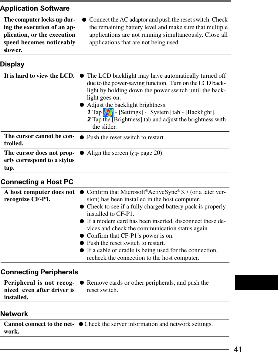 41DisplayThe LCD backlight may have automatically turned offdue to the power-saving function.  Turn on the LCD back-light by holding down the power switch until the back-light goes on.Adjust the backlight brightness.1Tap   - [Settings] - [System] tab - [Backlight].2Tap the [Brightness] tab and adjust the brightness withthe slider.Push the reset switch to restart.Align the screen (  page 20).It is hard to view the LCD.The cursor cannot be con-trolled.The cursor does not prop-erly correspond to a stylustap.A host computer does notrecognize CF-P1. Confirm that Microsoft®ActiveSync® 3.7 (or a later ver-sion) has been installed in the host computer.Check to see if a fully charged battery pack is properlyinstalled to CF-P1.If a modem card has been inserted, disconnect these de-vices and check the communication status again.Confirm that CF-P1’s power is on.Push the reset switch to restart.If a cable or cradle is being used for the connection,recheck the connection to the host computer.Peripheral is not recog-nized  even after driver isinstalled.Connecting a Host PCConnecting PeripheralsRemove cards or other peripherals, and push thereset switch.Application SoftwareConnect the AC adaptor and push the reset switch. Checkthe remaining battery level and make sure that multipleapplications are not running simultaneously. Close allapplications that are not being used.The computer locks up dur-ing the execution of an ap-plication, or the executionspeed becomes noticeablyslower.Cannot connect to the net-work.  Check the server information and network settings.Network