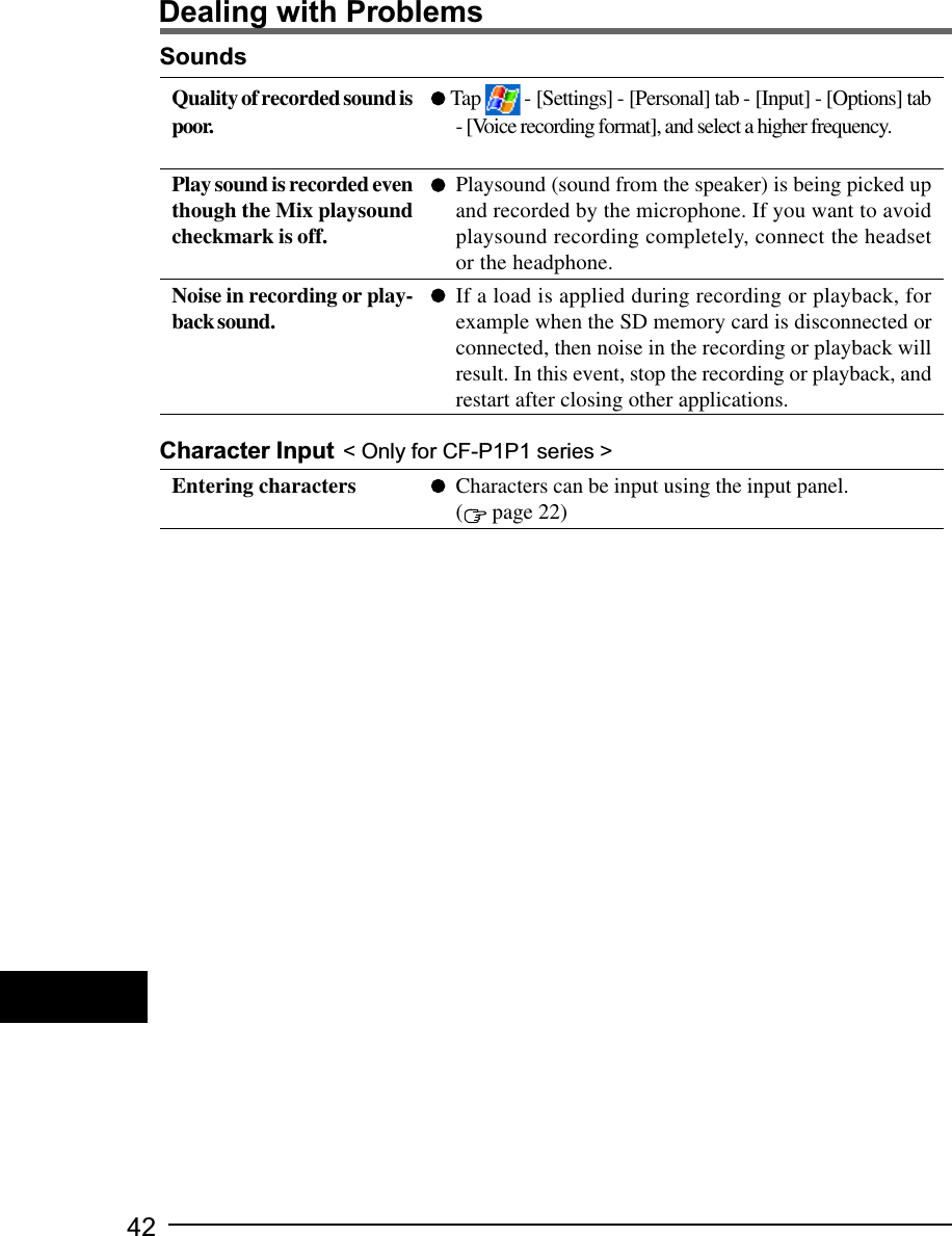 42Quality of recorded sound ispoor.Play sound is recorded eventhough the Mix playsoundcheckmark is off.Noise in recording or play-back sound. Tap   - [Settings] - [Personal] tab - [Input] - [Options] tab- [Voice recording format], and select a higher frequency.Playsound (sound from the speaker) is being picked upand recorded by the microphone. If you want to avoidplaysound recording completely, connect the headsetor the headphone.If a load is applied during recording or playback, forexample when the SD memory card is disconnected orconnected, then noise in the recording or playback willresult. In this event, stop the recording or playback, andrestart after closing other applications.SoundsCharacter Input     &lt; Only for CF-P1P1 series &gt;Characters can be input using the input panel.( page 22)Entering charactersDealing with Problems