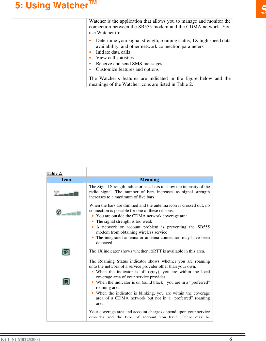  KYL-SUM02252004 5: Using WatcherTM  .  Watcher is the application that allows you to manage and monitor the connection between the SB555 modem and the CDMA network. You use Watcher to:   • Determine your signal strength, roaming status, 1X high speed data availability, and other network connection parameters • Initiate data calls • View call statistics • Receive and send SMS messages • Customize features and options  The Watcher’s features are indicated in the figure below and the meanings of the Watcher icons are listed in Table 2.                                Table 2:   Icon Meaning    The Signal Strength indicator uses bars to show the intensity of the radio signal. The number of bars increases as signal strength increases to a maximum of five bars.    When the bars are dimmed and the antenna icon is crossed out, no connection is possible for one of these reasons: • You are outside the CDMA network coverage area • The signal strength is too weak • A network or account problem is preventing the SB555 modem from obtaining wireless service • The integrated antenna or antenna connection may have been damaged    The 1X indicator shows whether 1xRTT is available in this area. .            The Roaming Status indicator shows whether you are roaming onto the network of a service provider other than your own.  • When the indicator is off (gray), you are within the local coverage area of your service provider.  • When the indicator is on (solid black), you are in a “preferred” roaming area.  • When the indicator is blinking, you are within the coverage area of a CDMA network but not in a “preferred” roaming area.  Your coverage area and account charges depend upon your service provider and the type of account you have. There may be  56 