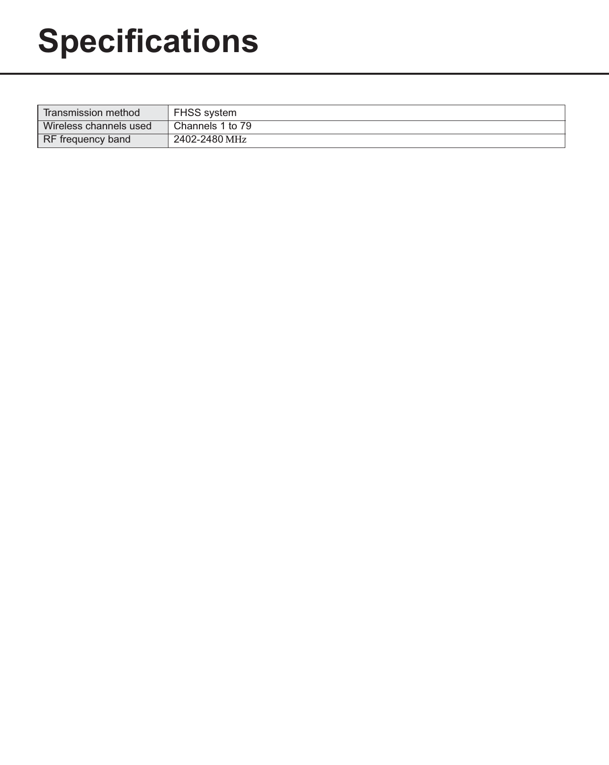 SpecificationsTransmission methodWireless channels usedRF frequency bandFHSS systemChannels 1 to 792402-2480 MHz