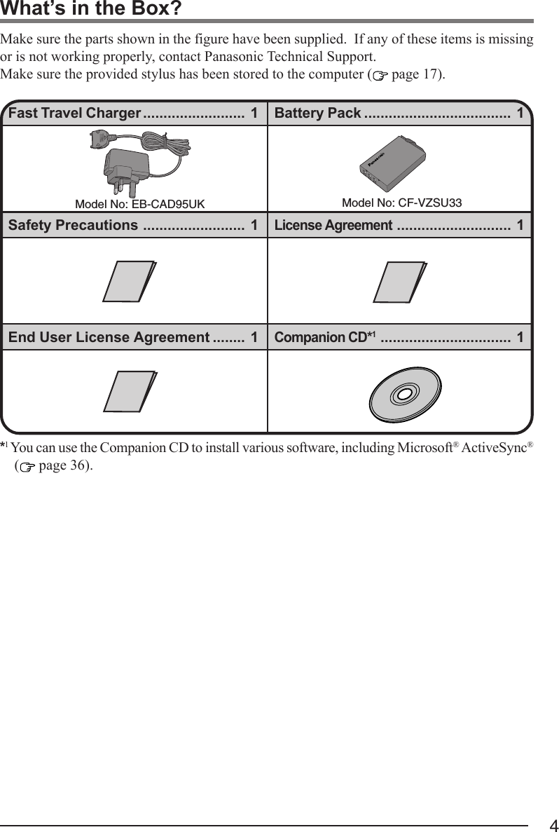 4What’s in the Box?Make sure the parts shown in the figure have been supplied.  If any of these items is missingor is not working properly, contact Panasonic Technical Support.Make sure the provided stylus has been stored to the computer (  page 17).*1 You can use the Companion CD to install various software, including Microsoft® ActiveSync®( page 36).Fast Travel Charger ......................... 1 Battery Pack .................................... 1Model No: CF-VZSU33License Agreement............................ 1Safety Precautions ......................... 1Model No: EB-CAD95UKCompanion CD*1................................ 1End User License Agreement ........ 1