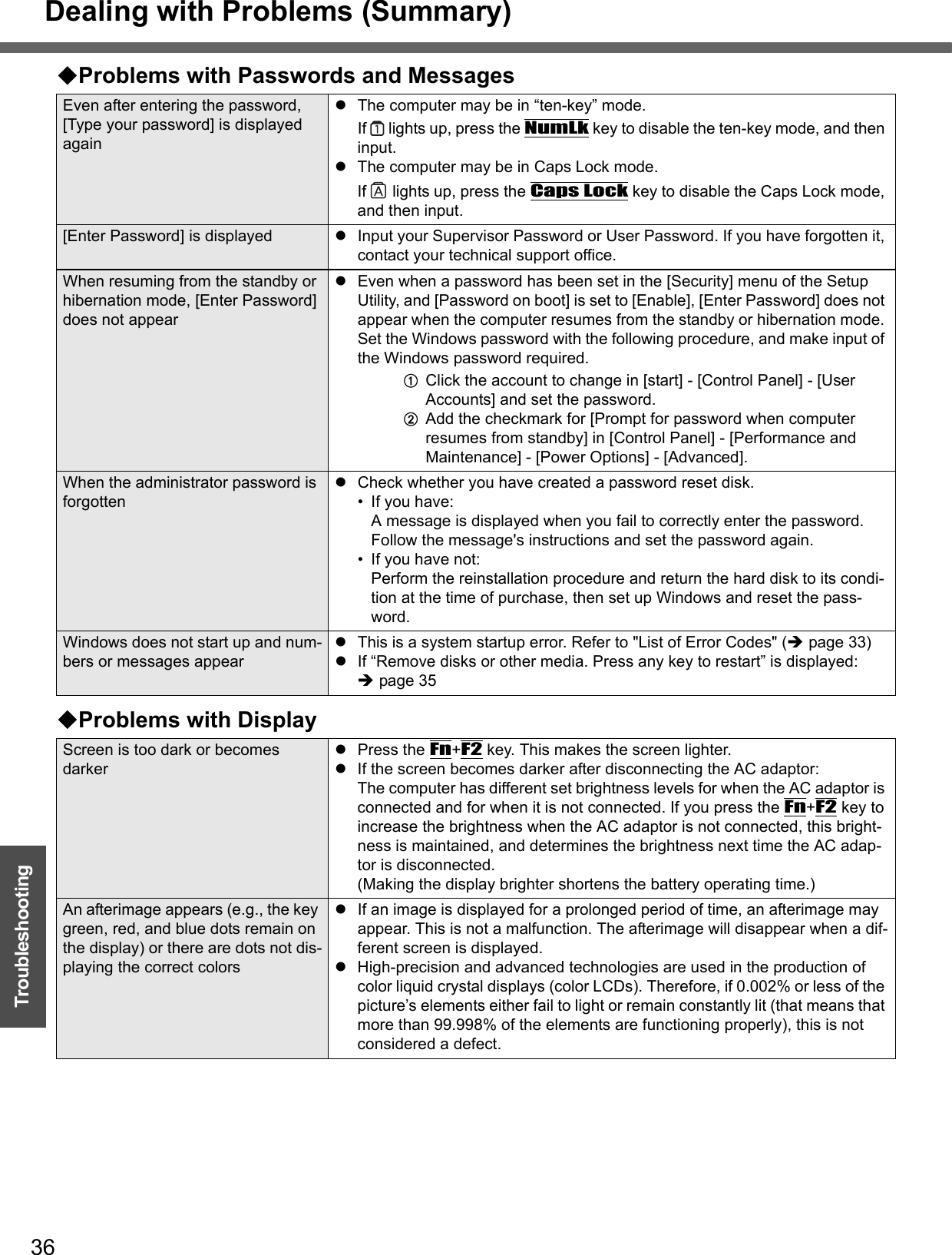 Dealing with Problems (Summary)36TroubleshootingProblems with Passwords and MessagesEven after entering the password, [Type your password] is displayed againzThe computer may be in “ten-key” mode.If   lights up, press the NumLk key to disable the ten-key mode, and then input.zThe computer may be in Caps Lock mode.If   lights up, press the Caps Lock key to disable the Caps Lock mode, and then input.[Enter Password] is displayed zInput your Supervisor Password or User Password. If you have forgotten it, contact your technical support office.When resuming from the standby or hibernation mode, [Enter Password] does not appearzEven when a password has been set in the [Security] menu of the Setup Utility, and [Password on boot] is set to [Enable], [Enter Password] does not appear when the computer resumes from the standby or hibernation mode. Set the Windows password with the following procedure, and make input of the Windows password required.AClick the account to change in [start] - [Control Panel] - [User Accounts] and set the password.BAdd the checkmark for [Prompt for password when computer resumes from standby] in [Control Panel] - [Performance and Maintenance] - [Power Options] - [Advanced].When the administrator password is forgottenzCheck whether you have created a password reset disk.• If you have:A message is displayed when you fail to correctly enter the password. Follow the message&apos;s instructions and set the password again.• If you have not:Perform the reinstallation procedure and return the hard disk to its condi-tion at the time of purchase, then set up Windows and reset the pass-word.Windows does not start up and num-bers or messages appearzThis is a system startup error. Refer to &quot;List of Error Codes&quot; (Îpage 33)zIf “Remove disks or other media. Press any key to restart” is displayed: Îpage 35Problems with DisplayScreen is too dark or becomes darkerzPress the Fn+F2 key. This makes the screen lighter.zIf the screen becomes darker after disconnecting the AC adaptor:The computer has different set brightness levels for when the AC adaptor is connected and for when it is not connected. If you press the Fn+F2 key to increase the brightness when the AC adaptor is not connected, this bright-ness is maintained, and determines the brightness next time the AC adap-tor is disconnected.(Making the display brighter shortens the battery operating time.)An afterimage appears (e.g., the key green, red, and blue dots remain on the display) or there are dots not dis-playing the correct colorszIf an image is displayed for a prolonged period of time, an afterimage may appear. This is not a malfunction. The afterimage will disappear when a dif-ferent screen is displayed.zHigh-precision and advanced technologies are used in the production of color liquid crystal displays (color LCDs). Therefore, if 0.002% or less of the picture’s elements either fail to light or remain constantly lit (that means that more than 99.998% of the elements are functioning properly), this is not considered a defect.