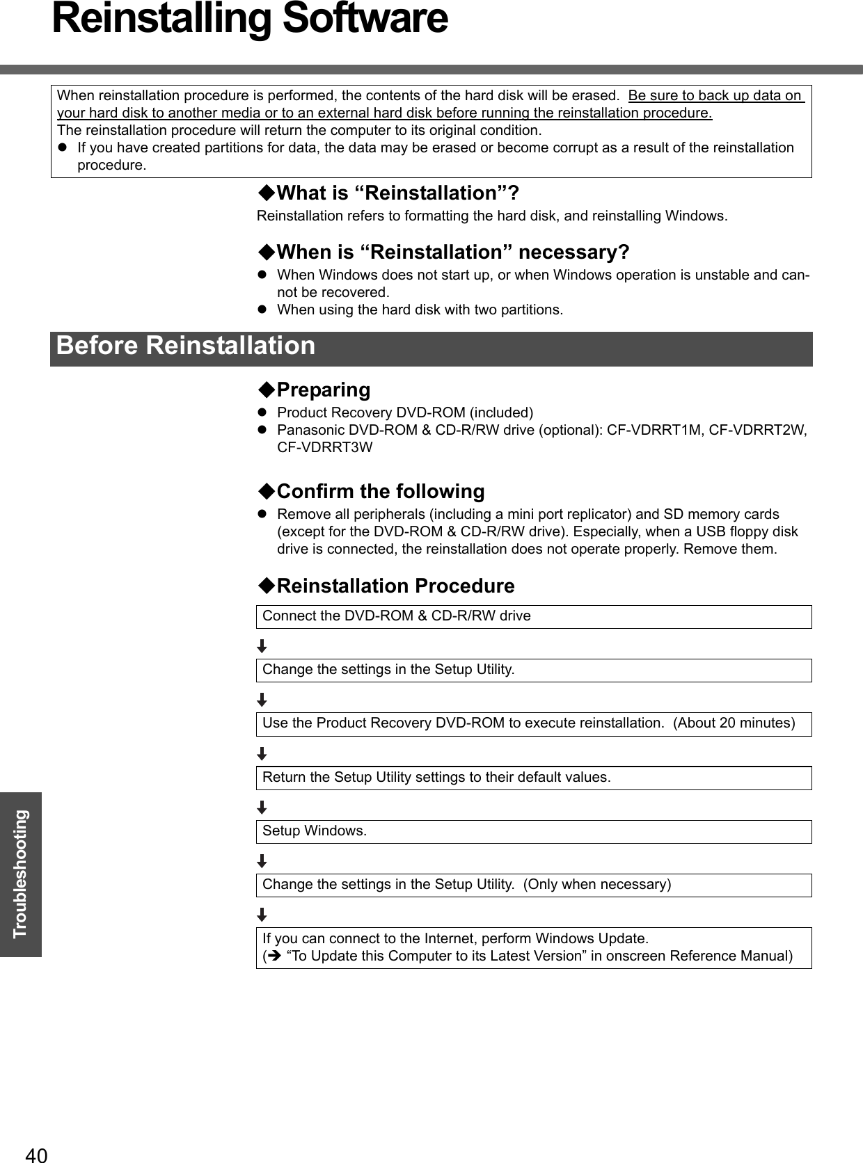 40TroubleshootingReinstalling SoftwareWhat is “Reinstallation”? Reinstallation refers to formatting the hard disk, and reinstalling Windows.When is “Reinstallation” necessary?zWhen Windows does not start up, or when Windows operation is unstable and can-not be recovered.zWhen using the hard disk with two partitions.PreparingzProduct Recovery DVD-ROM (included)zPanasonic DVD-ROM &amp; CD-R/RW drive (optional): CF-VDRRT1M, CF-VDRRT2W, CF-VDRRT3WConfirm the followingzRemove all peripherals (including a mini port replicator) and SD memory cards (except for the DVD-ROM &amp; CD-R/RW drive). Especially, when a USB floppy disk drive is connected, the reinstallation does not operate properly. Remove them.Reinstallation ProcedureWhen reinstallation procedure is performed, the contents of the hard disk will be erased.  Be sure to back up data on your hard disk to another media or to an external hard disk before running the reinstallation procedure.The reinstallation procedure will return the computer to its original condition.zIf you have created partitions for data, the data may be erased or become corrupt as a result of the reinstallation procedure. Before ReinstallationConnect the DVD-ROM &amp; CD-R/RW driveChange the settings in the Setup Utility.Use the Product Recovery DVD-ROM to execute reinstallation.  (About 20 minutes)Return the Setup Utility settings to their default values.Setup Windows.Change the settings in the Setup Utility.  (Only when necessary)If you can connect to the Internet, perform Windows Update.(Î “To Update this Computer to its Latest Version” in onscreen Reference Manual)