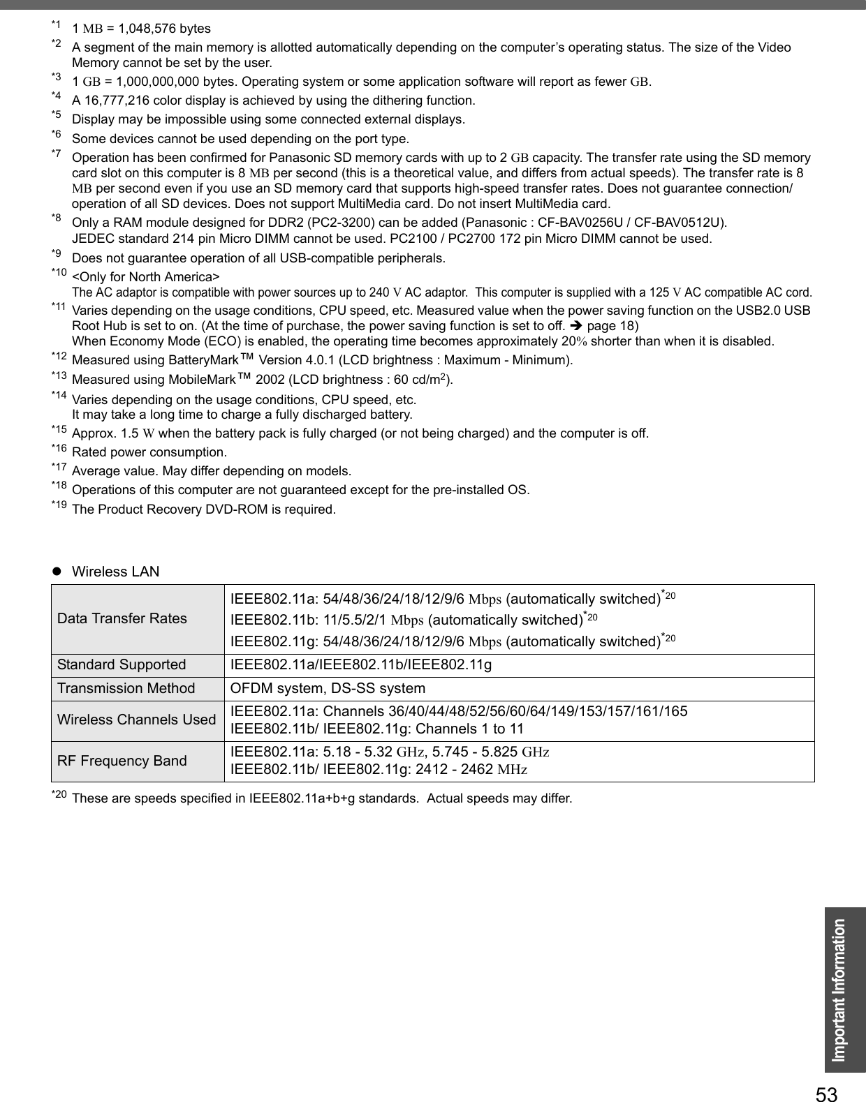 53Important Information*1 1 MB = 1,048,576 bytes*2 A segment of the main memory is allotted automatically depending on the computer’s operating status. The size of the Video Memory cannot be set by the user.*3 1 GB = 1,000,000,000 bytes. Operating system or some application software will report as fewer GB.*4 A 16,777,216 color display is achieved by using the dithering function. *5 Display may be impossible using some connected external displays.*6 Some devices cannot be used depending on the port type.*7 Operation has been confirmed for Panasonic SD memory cards with up to 2 GB capacity. The transfer rate using the SD memory card slot on this computer is 8 MB per second (this is a theoretical value, and differs from actual speeds). The transfer rate is 8 MB per second even if you use an SD memory card that supports high-speed transfer rates. Does not guarantee connection/operation of all SD devices. Does not support MultiMedia card. Do not insert MultiMedia card.*8 Only a RAM module designed for DDR2 (PC2-3200) can be added (Panasonic : CF-BAV0256U / CF-BAV0512U).JEDEC standard 214 pin Micro DIMM cannot be used. PC2100 / PC2700 172 pin Micro DIMM cannot be used.*9 Does not guarantee operation of all USB-compatible peripherals.*10 &lt;Only for North America&gt;The AC adaptor is compatible with power sources up to 240 V AC adaptor.  This computer is supplied with a 125 V AC compatible AC cord.*11 Varies depending on the usage conditions, CPU speed, etc. Measured value when the power saving function on the USB2.0 USB Root Hub is set to on. (At the time of purchase, the power saving function is set to off. Îpage 18)When Economy Mode (ECO) is enabled, the operating time becomes approximately 20% shorter than when it is disabled.*12 Measured using BatteryMark™ Version 4.0.1 (LCD brightness : Maximum - Minimum).*13 Measured using MobileMark™ 2002 (LCD brightness : 60 cd/m2).*14 Varies depending on the usage conditions, CPU speed, etc.It may take a long time to charge a fully discharged battery.*15 Approx. 1.5 W when the battery pack is fully charged (or not being charged) and the computer is off.*16 Rated power consumption.*17 Average value. May differ depending on models.*18 Operations of this computer are not guaranteed except for the pre-installed OS.*19 The Product Recovery DVD-ROM is required.*20 These are speeds specified in IEEE802.11a+b+g standards.  Actual speeds may differ.zWireless LANData Transfer RatesIEEE802.11a: 54/48/36/24/18/12/9/6 Mbps (automatically switched)*20IEEE802.11b: 11/5.5/2/1 Mbps (automatically switched)*20IEEE802.11g: 54/48/36/24/18/12/9/6 Mbps (automatically switched)*20Standard Supported IEEE802.11a/IEEE802.11b/IEEE802.11gTransmission Method OFDM system, DS-SS systemWireless Channels Used IEEE802.11a: Channels 36/40/44/48/52/56/60/64/149/153/157/161/165IEEE802.11b/ IEEE802.11g: Channels 1 to 11RF Frequency Band IEEE802.11a: 5.18 - 5.32 GHz, 5.745 - 5.825 GHzIEEE802.11b/ IEEE802.11g: 2412 - 2462 MHz