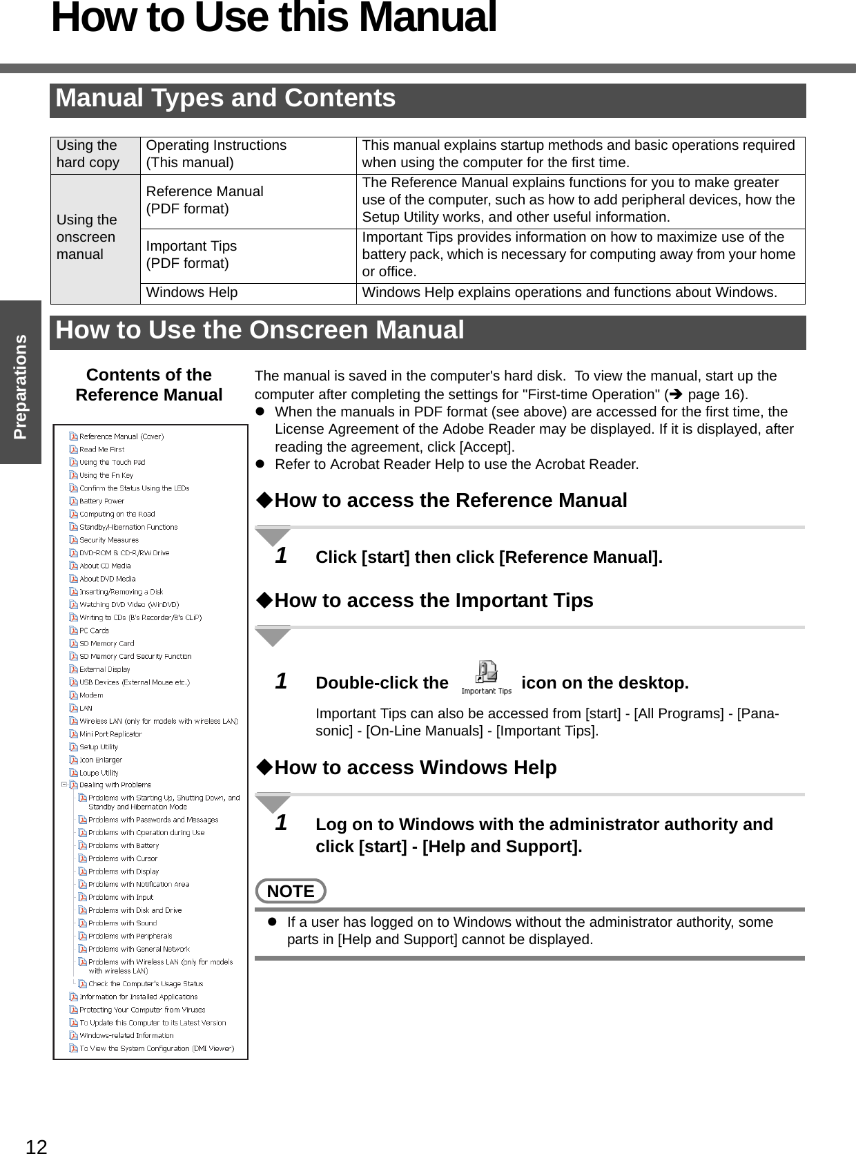 12PreparationsGetting StartedHow to Use this ManualThe manual is saved in the computer&apos;s hard disk.  To view the manual, start up the computer after completing the settings for &quot;First-time Operation&quot; (Îpage 16).zWhen the manuals in PDF format (see above) are accessed for the first time, the License Agreement of the Adobe Reader may be displayed. If it is displayed, after reading the agreement, click [Accept].zRefer to Acrobat Reader Help to use the Acrobat Reader.How to access the Reference Manual1Click [start] then click [Reference Manual].How to access the Important Tips1Double-click the   icon on the desktop.Important Tips can also be accessed from [start] - [All Programs] - [Pana-sonic] - [On-Line Manuals] - [Important Tips].How to access Windows Help1Log on to Windows with the administrator authority and click [start] - [Help and Support].NOTEzIf a user has logged on to Windows without the administrator authority, some parts in [Help and Support] cannot be displayed.Manual Types and ContentsUsing the hard copy Operating Instructions(This manual) This manual explains startup methods and basic operations required when using the computer for the first time.Using the onscreen manualReference Manual(PDF format)The Reference Manual explains functions for you to make greater use of the computer, such as how to add peripheral devices, how the Setup Utility works, and other useful information. Important Tips(PDF format)Important Tips provides information on how to maximize use of the battery pack, which is necessary for computing away from your home or office.Windows Help Windows Help explains operations and functions about Windows.How to Use the Onscreen ManualContents of the Reference Manual