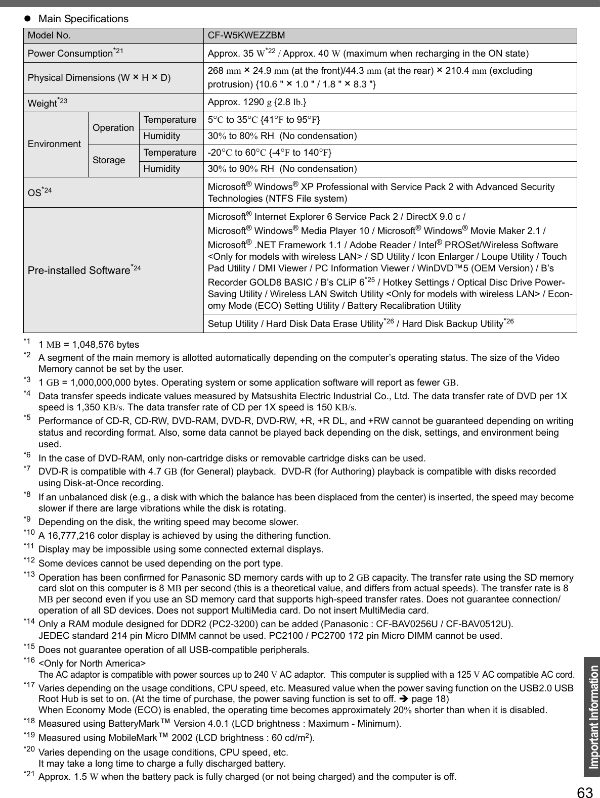 63Important Information*1 1 MB = 1,048,576 bytes*2 A segment of the main memory is allotted automatically depending on the computer’s operating status. The size of the Video Memory cannot be set by the user.*3 1 GB = 1,000,000,000 bytes. Operating system or some application software will report as fewer GB.*4 Data transfer speeds indicate values measured by Matsushita Electric Industrial Co., Ltd. The data transfer rate of DVD per 1X speed is 1,350 KB/s. The data transfer rate of CD per 1X speed is 150 KB/s.*5 Performance of CD-R, CD-RW, DVD-RAM, DVD-R, DVD-RW, +R, +R DL, and +RW cannot be guaranteed depending on writing status and recording format. Also, some data cannot be played back depending on the disk, settings, and environment being used.*6 In the case of DVD-RAM, only non-cartridge disks or removable cartridge disks can be used.*7 DVD-R is compatible with 4.7 GB (for General) playback.  DVD-R (for Authoring) playback is compatible with disks recorded using Disk-at-Once recording.*8 If an unbalanced disk (e.g., a disk with which the balance has been displaced from the center) is inserted, the speed may become slower if there are large vibrations while the disk is rotating.*9 Depending on the disk, the writing speed may become slower.*10 A 16,777,216 color display is achieved by using the dithering function. *11 Display may be impossible using some connected external displays.*12 Some devices cannot be used depending on the port type.*13 Operation has been confirmed for Panasonic SD memory cards with up to 2 GB capacity. The transfer rate using the SD memory card slot on this computer is 8 MB per second (this is a theoretical value, and differs from actual speeds). The transfer rate is 8 MB per second even if you use an SD memory card that supports high-speed transfer rates. Does not guarantee connection/operation of all SD devices. Does not support MultiMedia card. Do not insert MultiMedia card.*14 Only a RAM module designed for DDR2 (PC2-3200) can be added (Panasonic : CF-BAV0256U / CF-BAV0512U).JEDEC standard 214 pin Micro DIMM cannot be used. PC2100 / PC2700 172 pin Micro DIMM cannot be used.*15 Does not guarantee operation of all USB-compatible peripherals.*16 &lt;Only for North America&gt;The AC adaptor is compatible with power sources up to 240 V AC adaptor.  This computer is supplied with a 125 V AC compatible AC cord.*17 Varies depending on the usage conditions, CPU speed, etc. Measured value when the power saving function on the USB2.0 USB Root Hub is set to on. (At the time of purchase, the power saving function is set to off. Îpage 18)When Economy Mode (ECO) is enabled, the operating time becomes approximately 20% shorter than when it is disabled.*18 Measured using BatteryMark™ Version 4.0.1 (LCD brightness : Maximum - Minimum).*19 Measured using MobileMark™ 2002 (LCD brightness : 60 cd/m2).*20 Varies depending on the usage conditions, CPU speed, etc.It may take a long time to charge a fully discharged battery.*21 Approx. 1.5 W when the battery pack is fully charged (or not being charged) and the computer is off.Power Consumption*21 Approx. 35 W*22 / Approx. 40 W (maximum when recharging in the ON state)Physical Dimensions (W × H × D) 268 mm × 24.9 mm (at the front)/44.3 mm (at the rear) × 210.4 mm (excluding protrusion) {10.6 &quot; × 1.0 &quot; / 1.8 &quot; × 8.3 &quot;}Weight*23 Approx. 1290 g {2.8 lb.}EnvironmentOperation Temperature 5°C to 35°C {41°F to 95°F}Humidity 30% to 80% RH  (No condensation)Storage Temperature -20°C to 60°C {-4°F to 140°F}Humidity 30% to 90% RH  (No condensation)OS*24 Microsoft® Windows® XP Professional with Service Pack 2 with Advanced Security Technologies (NTFS File system)Pre-installed Software*24Microsoft® Internet Explorer 6 Service Pack 2 / DirectX 9.0 c /Microsoft® Windows® Media Player 10 / Microsoft® Windows® Movie Maker 2.1 / Microsoft® .NET Framework 1.1 / Adobe Reader / Intel® PROSet/Wireless Software &lt;Only for models with wireless LAN&gt; / SD Utility / Icon Enlarger / Loupe Utility / Touch Pad Utility / DMI Viewer / PC Information Viewer / WinDVD™5 (OEM Version) / B’s Recorder GOLD8 BASIC / B’s CLiP 6*25 / Hotkey Settings / Optical Disc Drive Power-Saving Utility / Wireless LAN Switch Utility &lt;Only for models with wireless LAN&gt; / Econ-omy Mode (ECO) Setting Utility / Battery Recalibration UtilitySetup Utility / Hard Disk Data Erase Utility*26 / Hard Disk Backup Utility*26zMain SpecificationsModel No. CF-W5KWEZZBM