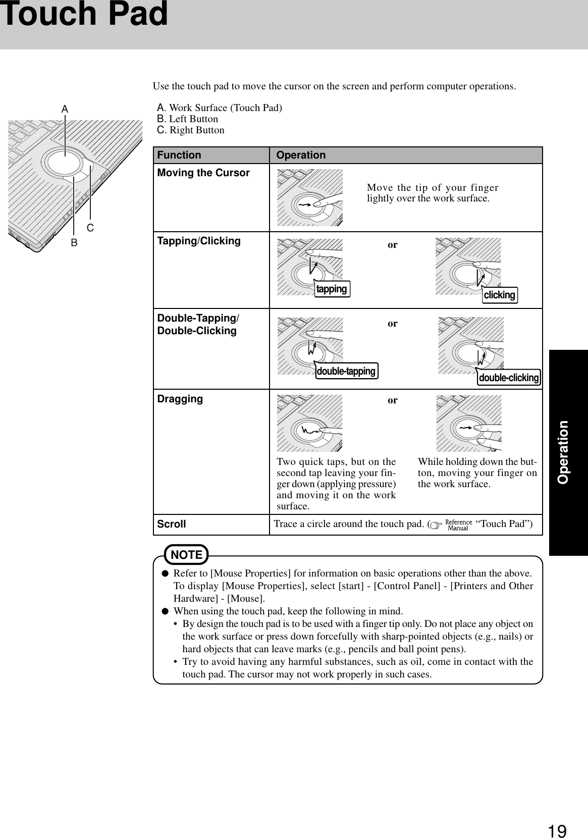 19OperationTouch PadUse the touch pad to move the cursor on the screen and perform computer operations.orTwo quick taps, but on thesecond tap leaving your fin-ger down (applying pressure)and moving it on the worksurface.While holding down the but-ton, moving your finger onthe work surface.orFunction OperationMoving the CursorTapping/ClickingDouble-Tapping/Double-ClickingDraggingScrollorMove the tip of your fingerlightly over the work surface.double-tappingTrace a circle around the touch pad. (  “Touch Pad”)double-clickingtapping clickingRefer to [Mouse Properties] for information on basic operations other than the above.To display [Mouse Properties], select [start] - [Control Panel] - [Printers and OtherHardware] - [Mouse].When using the touch pad, keep the following in mind.• By design the touch pad is to be used with a finger tip only. Do not place any object onthe work surface or press down forcefully with sharp-pointed objects (e.g., nails) orhard objects that can leave marks (e.g., pencils and ball point pens).• Try to avoid having any harmful substances, such as oil, come in contact with thetouch pad. The cursor may not work properly in such cases.NOTEA. Work Surface (Touch Pad)B. Left ButtonC. Right Button