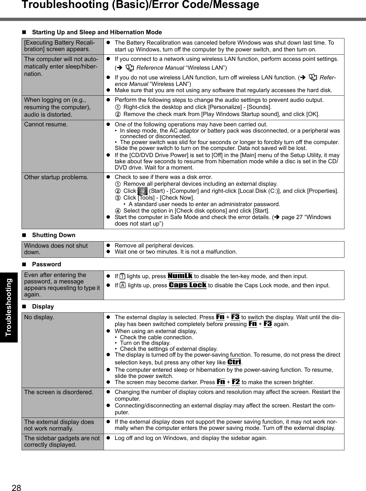 28Troubleshooting (Basic)/Error Code/MessageGetting StartedUseful InformationTroubleshootingAppendix[Executing Battery Recali-bration] screen appears.zThe Battery Recalibration was canceled before Windows was shut down last time. To start up Windows, turn off the computer by the power switch, and then turn on.The computer will not auto-matically enter sleep/hiber-nation.zIf you connect to a network using wireless LAN function, perform access point settings. (Î Reference Manual “Wireless LAN”)zIf you do not use wireless LAN function, turn off wireless LAN function. (Î Refer-ence Manual “Wireless LAN”)zMake sure that you are not using any software that regularly accesses the hard disk.When logging on (e.g., resuming the computer), audio is distorted.zPerform the following steps to change the audio settings to prevent audio output.ARight-click the desktop and click [Personalize] - [Sounds].BRemove the check mark from [Play Windows Startup sound], and click [OK].Cannot resume. zOne of the following operations may have been carried out.• In sleep mode, the AC adaptor or battery pack was disconnected, or a peripheral was connected or disconnected.• The power switch was slid for four seconds or longer to forcibly turn off the computer.Slide the power switch to turn on the computer. Data not saved will be lost.zIf the [CD/DVD Drive Power] is set to [Off] in the [Main] menu of the Setup Utility, it may take about few seconds to resume from hibernation mode while a disc is set in the CD/DVD drive. Wait for a moment.Other startup problems. zCheck to see if there was a disk error.ARemove all peripheral devices including an external display.BClick   (Start) - [Computer] and right-click [Local Disk (C:)], and click [Properties].CClick [Tools] - [Check Now].• A standard user needs to enter an administrator password.DSelect the option in [Check disk options] and click [Start].zStart the computer in Safe Mode and check the error details. (Îpage 27 “Windows does not start up”)Shutting DownWindows does not shut down.zRemove all peripheral devices.zWait one or two minutes. It is not a malfunction.PasswordEven after entering the password, a message appears requesting to type it again.zIf   lights up, press NumLk to disable the ten-key mode, and then input.zIf   lights up, press Caps Lock to disable the Caps Lock mode, and then input.DisplayNo display. zThe external display is selected. Press Fn + F3 to switch the display. Wait until the dis-play has been switched completely before pressing Fn + F3 again.zWhen using an external display,• Check the cable connection.• Turn on the display.• Check the settings of external display.zThe display is turned off by the power-saving function. To resume, do not press the direct selection keys, but press any other key like Ctrl.zThe computer entered sleep or hibernation by the power-saving function. To resume, slide the power switch.zThe screen may become darker. Press Fn + F2 to make the screen brighter.The screen is disordered. zChanging the number of display colors and resolution may affect the screen. Restart the computer.zConnecting/disconnecting an external display may affect the screen. Restart the com-puter.The external display does not work normally.zIf the external display does not support the power saving function, it may not work nor-mally when the computer enters the power saving mode. Turn off the external display.The sidebar gadgets are not correctly displayed.zLog off and log on Windows, and display the sidebar again.Starting Up and Sleep and Hibernation Mode