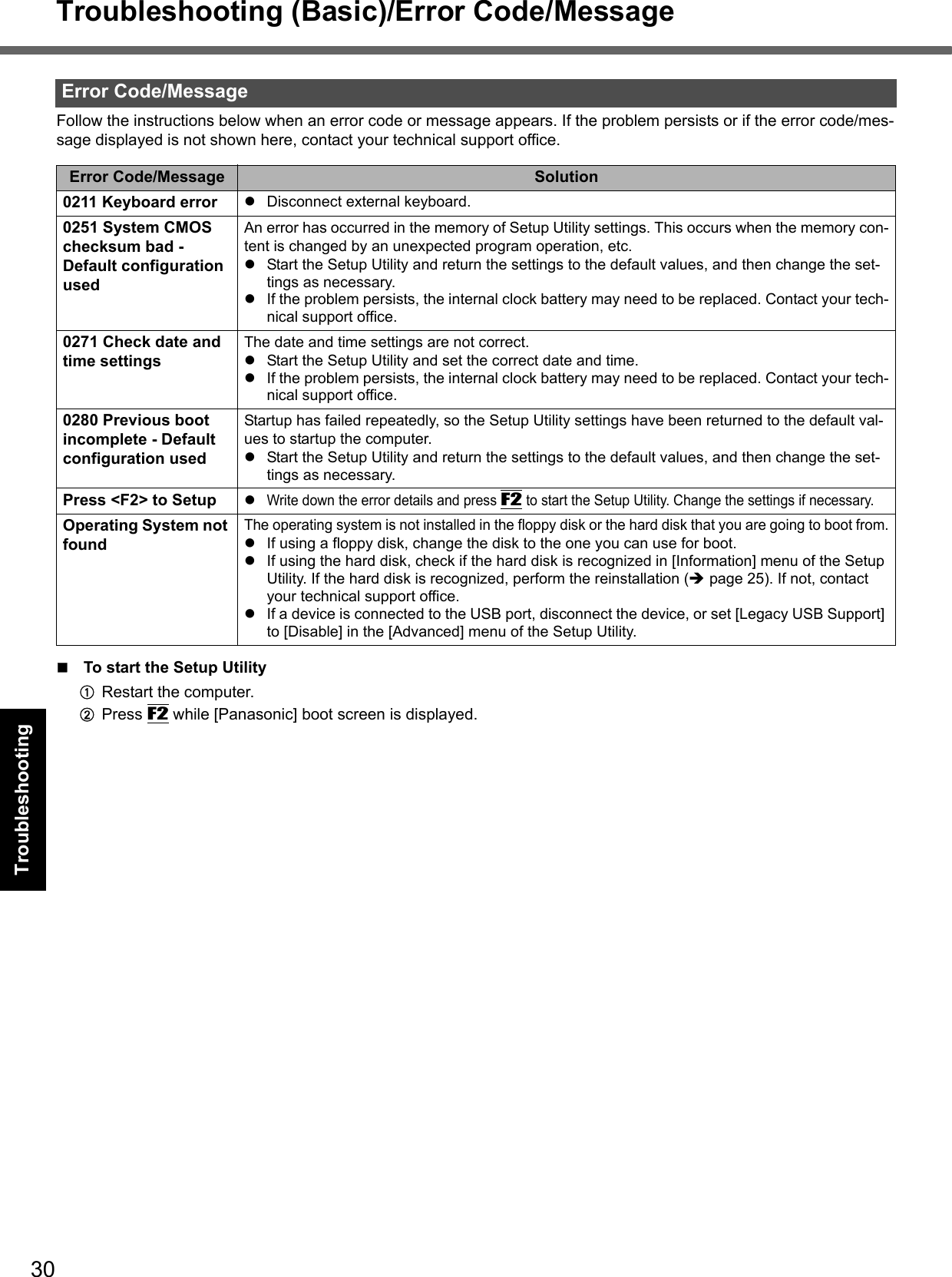 30Troubleshooting (Basic)/Error Code/MessageGetting StartedUseful InformationTroubleshootingAppendixFollow the instructions below when an error code or message appears. If the problem persists or if the error code/mes-sage displayed is not shown here, contact your technical support office.To start the Setup UtilityARestart the computer.BPress F2 while [Panasonic] boot screen is displayed.Error Code/MessageError Code/Message Solution0211 Keyboard error zDisconnect external keyboard.0251 System CMOS checksum bad - Default configuration usedAn error has occurred in the memory of Setup Utility settings. This occurs when the memory con-tent is changed by an unexpected program operation, etc. zStart the Setup Utility and return the settings to the default values, and then change the set-tings as necessary.zIf the problem persists, the internal clock battery may need to be replaced. Contact your tech-nical support office.0271 Check date and time settings The date and time settings are not correct.zStart the Setup Utility and set the correct date and time.zIf the problem persists, the internal clock battery may need to be replaced. Contact your tech-nical support office.0280 Previous boot incomplete - Default configuration usedStartup has failed repeatedly, so the Setup Utility settings have been returned to the default val-ues to startup the computer.zStart the Setup Utility and return the settings to the default values, and then change the set-tings as necessary.Press &lt;F2&gt; to Setup zWrite down the error details and press F2 to start the Setup Utility. Change the settings if necessary.Operating System not foundThe operating system is not installed in the floppy disk or the hard disk that you are going to boot from.zIf using a floppy disk, change the disk to the one you can use for boot.zIf using the hard disk, check if the hard disk is recognized in [Information] menu of the Setup Utility. If the hard disk is recognized, perform the reinstallation (Îpage 25). If not, contact your technical support office.zIf a device is connected to the USB port, disconnect the device, or set [Legacy USB Support] to [Disable] in the [Advanced] menu of the Setup Utility.