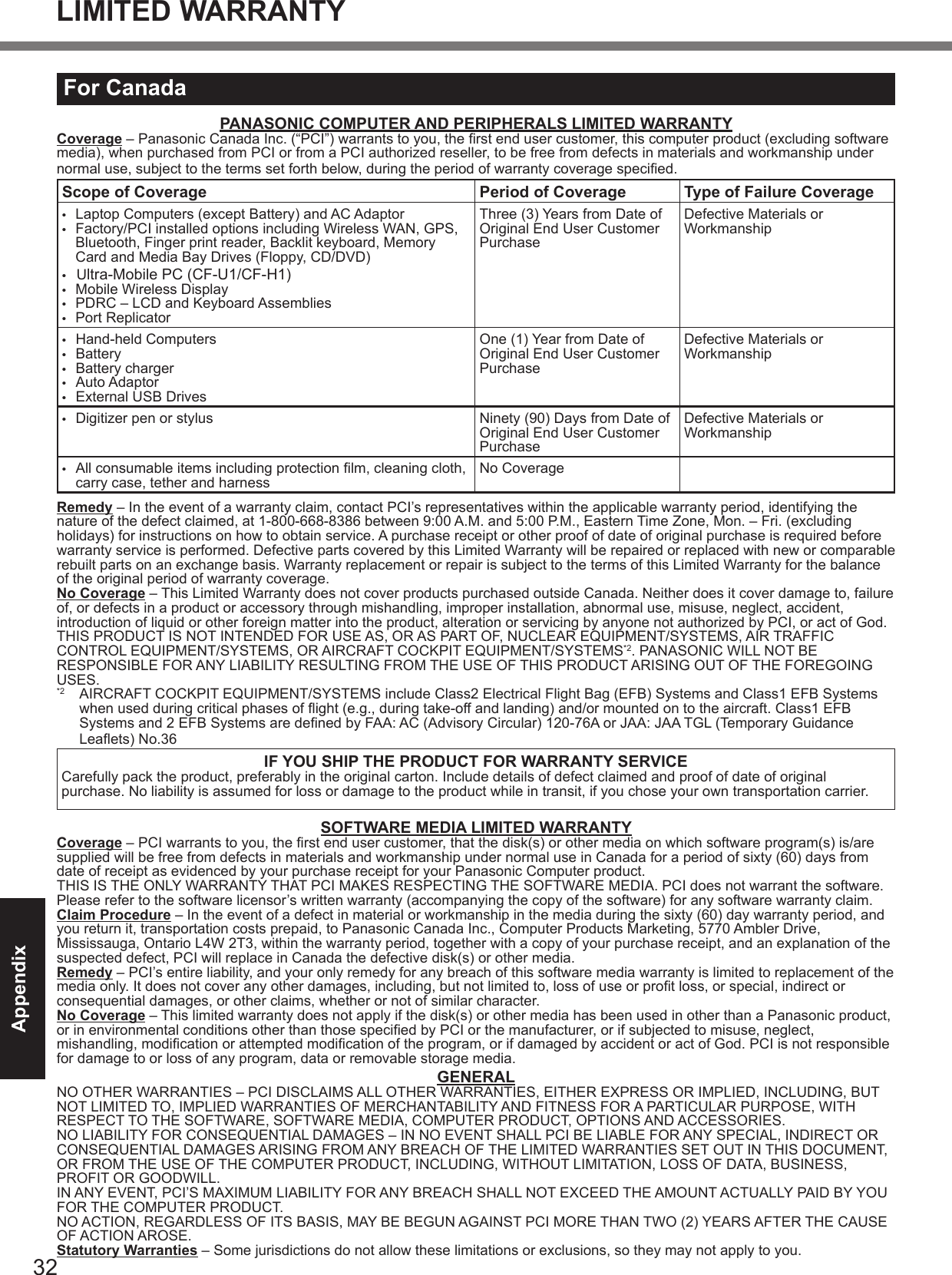 32AppendixFor CanadaPANASONIC COMPUTER AND PERIPHERALS LIMITED WARRANTYCoverage – Panasonic Canada Inc. (“PCI”) warrants to you, the rst end user customer, this computer product (excluding software media), when purchased from PCI or from a PCI authorized reseller, to be free from defects in materials and workmanship under normal use, subject to the terms set forth below, during the period of warranty coverage specied.Scope of Coverage Period of Coverage Type of Failure Coverage•  Laptop Computers (except Battery) and AC Adaptor•  Factory/PCI installed options including Wireless WAN, GPS, Bluetooth, Finger print reader, Backlit keyboard, Memory Card and Media Bay Drives (Floppy, CD/DVD)• Ultra-Mobile PC (CF-U1/CF-H1)•  Mobile Wireless Display •  PDRC – LCD and Keyboard Assemblies•  Port ReplicatorThree (3) Years from Date of Original End User Customer PurchaseDefective Materials or Workmanship•  Hand-held Computers•  Battery•  Battery charger•  Auto Adaptor•  External USB DrivesOne (1) Year from Date of Original End User Customer PurchaseDefective Materials or Workmanship•  Digitizer pen or stylus Ninety (90) Days from Date of Original End User Customer PurchaseDefective Materials or Workmanship•  All consumable items including protection lm, cleaning cloth, carry case, tether and harness No CoverageRemedy – In the event of a warranty claim, contact PCI’s representatives within the applicable warranty period, identifying the nature of the defect claimed, at 1-800-668-8386 between 9:00 A.M. and 5:00 P.M., Eastern Time Zone, Mon. – Fri. (excluding holidays) for instructions on how to obtain service. A purchase receipt or other proof of date of original purchase is required before warranty service is performed. Defective parts covered by this Limited Warranty will be repaired or replaced with new or comparable rebuilt parts on an exchange basis. Warranty replacement or repair is subject to the terms of this Limited Warranty for the balance of the original period of warranty coverage.No Coverage – This Limited Warranty does not cover products purchased outside Canada. Neither does it cover damage to, failure of, or defects in a product or accessory through mishandling, improper installation, abnormal use, misuse, neglect, accident, introduction of liquid or other foreign matter into the product, alteration or servicing by anyone not authorized by PCI, or act of God.THIS PRODUCT IS NOT INTENDED FOR USE AS, OR AS PART OF, NUCLEAR EQUIPMENT/SYSTEMS, AIR TRAFFIC CONTROL EQUIPMENT/SYSTEMS, OR AIRCRAFT COCKPIT EQUIPMENT/SYSTEMS*2. PANASONIC WILL NOT BE RESPONSIBLE FOR ANY LIABILITY RESULTING FROM THE USE OF THIS PRODUCT ARISING OUT OF THE FOREGOING USES.*2  AIRCRAFT COCKPIT EQUIPMENT/SYSTEMS include Class2 Electrical Flight Bag (EFB) Systems and Class1 EFB Systems when used during critical phases of ight (e.g., during take-off and landing) and/or mounted on to the aircraft. Class1 EFB Systems and 2 EFB Systems are dened by FAA: AC (Advisory Circular) 120-76A or JAA: JAA TGL (Temporary Guidance Leaets) No.36 IF YOU SHIP THE PRODUCT FOR WARRANTY SERVICECarefully pack the product, preferably in the original carton. Include details of defect claimed and proof of date of original purchase. No liability is assumed for loss or damage to the product while in transit, if you chose your own transportation carrier.SOFTWARE MEDIA LIMITED WARRANTYCoverage – PCI warrants to you, the rst end user customer, that the disk(s) or other media on which software program(s) is/are supplied will be free from defects in materials and workmanship under normal use in Canada for a period of sixty (60) days from date of receipt as evidenced by your purchase receipt for your Panasonic Computer product.THIS IS THE ONLY WARRANTY THAT PCI MAKES RESPECTING THE SOFTWARE MEDIA. PCI does not warrant the software. Please refer to the software licensor’s written warranty (accompanying the copy of the software) for any software warranty claim.Claim Procedure – In the event of a defect in material or workmanship in the media during the sixty (60) day warranty period, and you return it, transportation costs prepaid, to Panasonic Canada Inc., Computer Products Marketing, 5770 Ambler Drive, Mississauga, Ontario L4W 2T3, within the warranty period, together with a copy of your purchase receipt, and an explanation of the suspected defect, PCI will replace in Canada the defective disk(s) or other media.Remedy – PCI’s entire liability, and your only remedy for any breach of this software media warranty is limited to replacement of the media only. It does not cover any other damages, including, but not limited to, loss of use or prot loss, or special, indirect or consequential damages, or other claims, whether or not of similar character.No Coverage – This limited warranty does not apply if the disk(s) or other media has been used in other than a Panasonic product, or in environmental conditions other than those specied by PCI or the manufacturer, or if subjected to misuse, neglect, mishandling, modication or attempted modication of the program, or if damaged by accident or act of God. PCI is not responsible for damage to or loss of any program, data or removable storage media.GENERALNO OTHER WARRANTIES – PCI DISCLAIMS ALL OTHER WARRANTIES, EITHER EXPRESS OR IMPLIED, INCLUDING, BUT NOT LIMITED TO, IMPLIED WARRANTIES OF MERCHANTABILITY AND FITNESS FOR A PARTICULAR PURPOSE, WITH RESPECT TO THE SOFTWARE, SOFTWARE MEDIA, COMPUTER PRODUCT, OPTIONS AND ACCESSORIES.NO LIABILITY FOR CONSEQUENTIAL DAMAGES – IN NO EVENT SHALL PCI BE LIABLE FOR ANY SPECIAL, INDIRECT OR CONSEQUENTIAL DAMAGES ARISING FROM ANY BREACH OF THE LIMITED WARRANTIES SET OUT IN THIS DOCUMENT, OR FROM THE USE OF THE COMPUTER PRODUCT, INCLUDING, WITHOUT LIMITATION, LOSS OF DATA, BUSINESS, PROFIT OR GOODWILL.IN ANY EVENT, PCI’S MAXIMUM LIABILITY FOR ANY BREACH SHALL NOT EXCEED THE AMOUNT ACTUALLY PAID BY YOU FOR THE COMPUTER PRODUCT.NO ACTION, REGARDLESS OF ITS BASIS, MAY BE BEGUN AGAINST PCI MORE THAN TWO (2) YEARS AFTER THE CAUSE OF ACTION AROSE.Statutory Warranties – Some jurisdictions do not allow these limitations or exclusions, so they may not apply to you.LIMITED WARRANTY