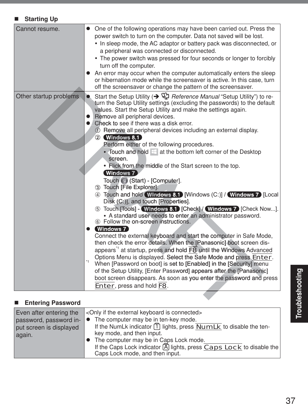 37Troubleshooting Starting UpCannot resume. z  One of the following operations may have been carried out. Press the power switch to turn on the computer. Data not saved will be lost.y  In sleep mode, the AC adaptor or battery pack was disconnected, or a peripheral was connected or disconnected.y  The power switch was pressed for four seconds or longer to forcibly turn off the computer.z  An error may occur when the computer automatically enters the sleep or hibernation mode while the screensaver is active. In this case, turn off the screensaver or change the pattern of the screensaver.Other startup problems. z  Start the Setup Utility (Î  Reference Manual “Setup Utility”) to re-turn the Setup Utility settings (excluding the passwords) to the default values. Start the Setup Utility and make the settings again.z  Remove all peripheral devices.z  Check to see if there was a disk error.A  Remove all peripheral devices including an external display.B   Perform either of the following procedures.y  Touch and hold   at the bottom left corner of the Desktop screen.y  Flick from the middle of the Start screen to the top.  Touch  6WDUW&gt;&amp;RPSXWHU@C 7RXFK&gt;)LOH([SORUHU@D  Touch and hold  &gt;:LQGRZV&amp;@ &gt;/RFDO&apos;LVN&amp;@DQGWRXFK&gt;3URSHUWLHV@E 7RXFK&gt;7RROV@ &gt;&amp;KHFN@ &gt;&amp;KHFN1RZ@y  A standard user needs to enter an administrator password.F  Follow the on-screen instructions.z Connect the external keyboard and start the computer in Safe Mode, WKHQFKHFNWKHHUURUGHWDLOV:KHQWKH&gt;3DQDVRQLF@ERRWVFUHHQGLVappears*1 at startup, press and hold F8 until the Windows Advanced Options Menu is displayed. Select the Safe Mode and press Enter.*1 :KHQ&gt;3DVVZRUGRQERRW@LVVHWWR&gt;(QDEOHG@LQWKH&gt;6HFXULW\@PHQXRIWKH6HWXS8WLOLW\&gt;(QWHU3DVVZRUG@DSSHDUVDIWHUWKH&gt;3DQDVRQLF@boot screen disappears. As soon as you enter the password and press Enter, press and hold F8. Entering PasswordEven after entering the password, password in-put screen is displayed again.&lt;Only if the external keyboard is connected&gt;z  The computer may be in ten-key mode.If the NumLk indicator   lights, press NumLk to disable the ten-key mode, and then input.z  The computer may be in Caps Lock mode.If the Caps Lock indicator   lights, press Caps Lock to disable the Caps Lock mode, and then input.TTDRAFTDRDDDDDDRDRDDDblems.zz  tutuvaluevaz RemovRez Check to ChAA Remove ove BDRDRDRRRRRRR Perform either  Perform eitheryy  Touch and hold  Touch and holscreen.scry  Flick from the middleFlick from the mRARRRARARARARARATouch uch 6WDUW&gt;&amp;RPSXWHUPSXWHUC 7RXFK&gt;)LOH([SORUHU@RXFK&gt;)LOH([SORUHU@Touch and hold Touch and hold RARARARAAAAAAAA&gt;:LVN&amp;@DQGWRXFK&gt;3URSHUWLHV@LVN&amp;@DQGWRXFK&gt;3URSFK&gt;7RROV@FK&gt;7RRAFAAAAAFAFAFAFAFAFAF&gt;&amp;KHFN@FN@ndard user needs to enter an adminer needs to enter an admie on-screen instructions.en instructions.nal keyboard and start the computeal keyboard and start the computeGHWDLOV:KHQWKH&gt;3DQDVRQLF@ERRWGHWDLOV:KHQWKH&gt;3DQDVRQLF@ERRWess and hold ss anF88FTFT until the Windows  until the Windows. Select the Safe Mode and press press ETVHWWR&gt;(QDEOHG@LQWKH&gt;6HFXULW\@PH6HFXULW\@PHZRUG@DSSHDUVDIWHUWKH&gt;3DQDVRQLFHUWKH&gt;3DQDVRQLFas you enter the password andthe password andT