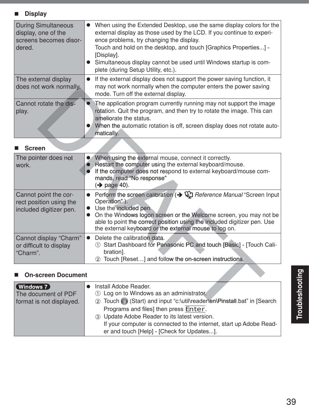 39Troubleshooting DisplayDuring Simultaneous display, one of the screens becomes disor-dered.z  When using the Extended Desktop, use the same display colors for the external display as those used by the LCD. If you continue to experi-ence problems, try changing the display.  Touch and hold on the desktop, and touch&gt;*UDSKLFV3URSHUWLHV@&gt;&apos;LVSOD\@z  Simultaneous display cannot be used until Windows startup is com-plete (during Setup Utility, etc.).The external display does not work normally.z  If the external display does not support the power saving function, it may not work normally when the computer enters the power saving mode. Turn off the external display.Cannot rotate the dis-play.z  The application program currently running may not support the image rotation. Quit the program, and then try to rotate the image. This can ameliorate the status.z  When the automatic rotation is off, screen display does not rotate auto-matically. ScreenThe pointer does not work.z  When using the external mouse, connect it correctly.z  Restart the computer using the external keyboard/mouse. z  If the computer does not respond to external keyboard/mouse com-mands, read “No response” (Î page 40).Cannot point the cor-rect position using the included digitizer pen.z  Perform the screen calibration (Î  Reference Manual “Screen Input Operation” ).z  Use the included pen.z  On the Windows logon screen or the Welcome screen, you may not be able to point the correct position using the included digitizer pen. Use the external keyboard or the external mouse to log on.Cannot display “Charm” RUGLI¿FXOWWRGLVSOD\“Charm”.z  Delete the calibration data.A 6WDUW&apos;DVKERDUGIRU3DQDVRQLF3&amp;DQGWRXFK&gt;%DVLF@&gt;7RXFK&amp;DOL-EUDWLRQ@B 7RXFK&gt;5HVHW«@DQGIROORZWKHRQVFUHHQLQVWUXFWLRQV On-screen DocumentThe document of PDF format is not displayed.z Install Adobe Reader.A  Log on to Windows as an administrator.B Touch  (Start) and input “F?XWLO?UHDGHU?HQ?3LQVWDOOEDW´LQ&gt;6HDUFK3URJUDPVDQG¿OHV@WKHQSUHVV Enter.C  Update Adobe Reader to its latest version. If your computer is connected to the internet, start up Adobe Read-er and touch&gt;+HOS@&gt;&amp;KHFNIRU8SGDWHV@AFTAFFTDRAFDRDDDDDRDRDRDRDRly.he dis-zzTThrotatirotamelioramzWWhen the ahen the amatically.matically.DRDRDRDRDRDRRAzzWhen usingWhen us the externaextezzRestart the computer usinRestart the computezzIf the computer does not resomputer doemands, read “No response” s, read “No(Î pageage40).4rform the screen calibration (orm the screen calibration ÎAration” ).ration” ).e inclue included pen.ded pen.ndows logon scregon screen or the Welcome Welcomthe correct position using the includct position using the incluyboard or the external mouse to logd or the external mouse to logon data.on daRU3DQDVRRU3DQDVRQLF3&amp;DQGWRXFK&gt;%DVLF@3&amp;DQGWRXFK&gt;%DVLF@ORZWKHRQVFUHHQLQVWUXFWLRQVQVTtor.r.U?HQ?3LQVWDOOEU?H