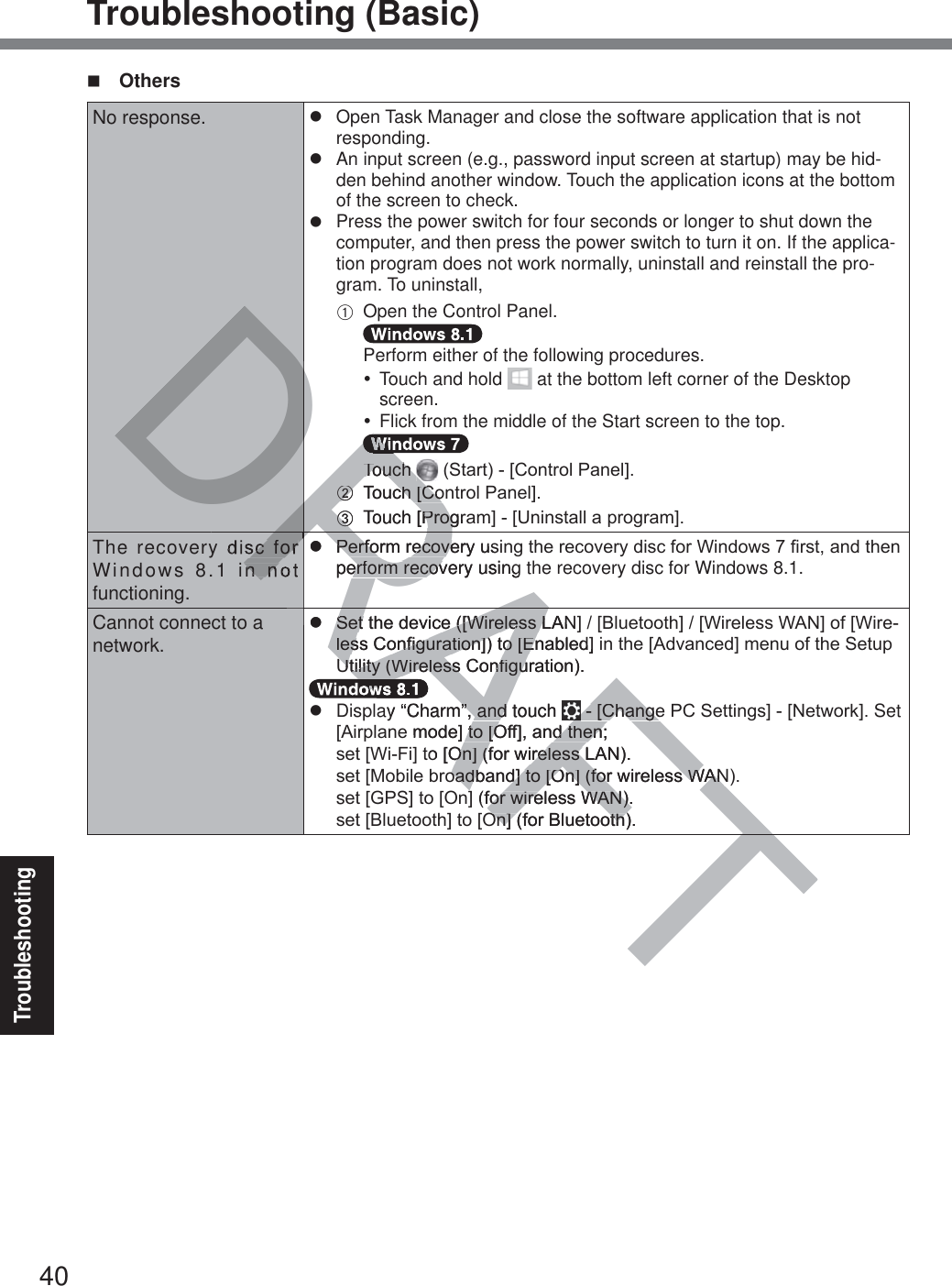40TroubleshootingTroubleshooting (Basic) Others No response. z  Open Task Manager and close the software application that is not responding.z  An input screen (e.g., password input screen at startup) may be hid-den behind another window. Touch the application icons at the bottom of the screen to check.z  Press the power switch for four seconds or longer to shut down the computer, and then press the power switch to turn it on. If the applica-tion program does not work normally, uninstall and reinstall the pro-gram. To uninstall, A  Open the Control Panel.   Perform either of the following procedures.y  Touch and hold   at the bottom left corner of the Desktop screen.y  Flick from the middle of the Start screen to the top.  Touch 6WDUW&gt;&amp;RQWURO3DQHO@B 7RXFK&gt;&amp;RQWURO3DQHO@C Touch&gt;3URJUDP@&gt;8QLQVWDOODSURJUDP@The recovery disc for Windows 8.1 in not functioning.z 3HUIRUPUHFRYHU\XVLQJWKHUHFRYHU\GLVFIRU:LQGRZV¿UVWDQGWKHQperform recovery using the recovery disc for Windows 8.1.Cannot connect to a network.z 6HWWKHGHYLFH&gt;:LUHOHVV/$1@&gt;%OXHWRRWK@&gt;:LUHOHVV:$1@RI&gt;:LUHOHVV&amp;RQ¿JXUDWLRQ@WR&gt;(QDEOHG@LQWKH&gt;$GYDQFHG@PHQXRIWKH6HWXS8WLOLW\:LUHOHVV&amp;RQ¿JXUDWLRQz  Display “Charm”, and touch  &gt;&amp;KDQJH3&amp;6HWWLQJV@&gt;1HWZRUN@ Set &gt;$LUSODQHPRGH@WR&gt;2II@DQGWKHQVHW&gt;:L)L@WR&gt;2Q@IRUZLUHOHVV/$1VHW&gt;0RELOHEURDGEDQG@WR&gt;2Q@IRUZLUHOHVV:$1sHW&gt;*36@WR&gt;2Q@IRUZLUHOHVV:$1VHW&gt;%OXHWRRWK@WR&gt;2Q@IRU%OXHWRRWKFTDRAFDRDRDRDRDRDRDRDRRRRARRyRRRTouchTouchBB7RXFK&gt;&amp;RFK&gt;&amp;RCC TouchT&gt;3URJUD3URJsc for n nz 3HUIRUPUHFRYHU\XV3HUIRUPUHFRYHperform recovery usingerform recovz6HWWKHGHYLFH&gt;:LUHOHVV/$16HWWKHGHYLFH&gt;:LUHOHVV/OHVV&amp;RQ¿JXUDWLRQ@WR&gt;(QDEOHG@OHVV&amp;RQ¿JXUDWLRQ@WR&gt;(Q8WLOLW\:LUHOHVV&amp;RQ¿JXUDWLRQ8WLOLW\:LUHOHVV&amp;RQ¿JXAAAAAAAay “Charm”, and touch ”, and &gt;&amp;KDQJH&gt;&amp;KDQJHHPRGH@WR&gt;2II@DQGWKHQWR&gt;2II@DQGWKHQWR&gt;2Q@IRUZLUHOHVV/$12Q@IRUZLUHOHVV/RDGEDQG@WR&gt;2Q@IRUZLUHOHVV:$1RDGEDQG@WR&gt;2Q@IRUZLUHOHVV:$1@IRUZLUHOHVV:$1IRUZLUHOHVV:$12Q@IRU%OXHWRRWK2Q@ IRU %OXHWRRWK