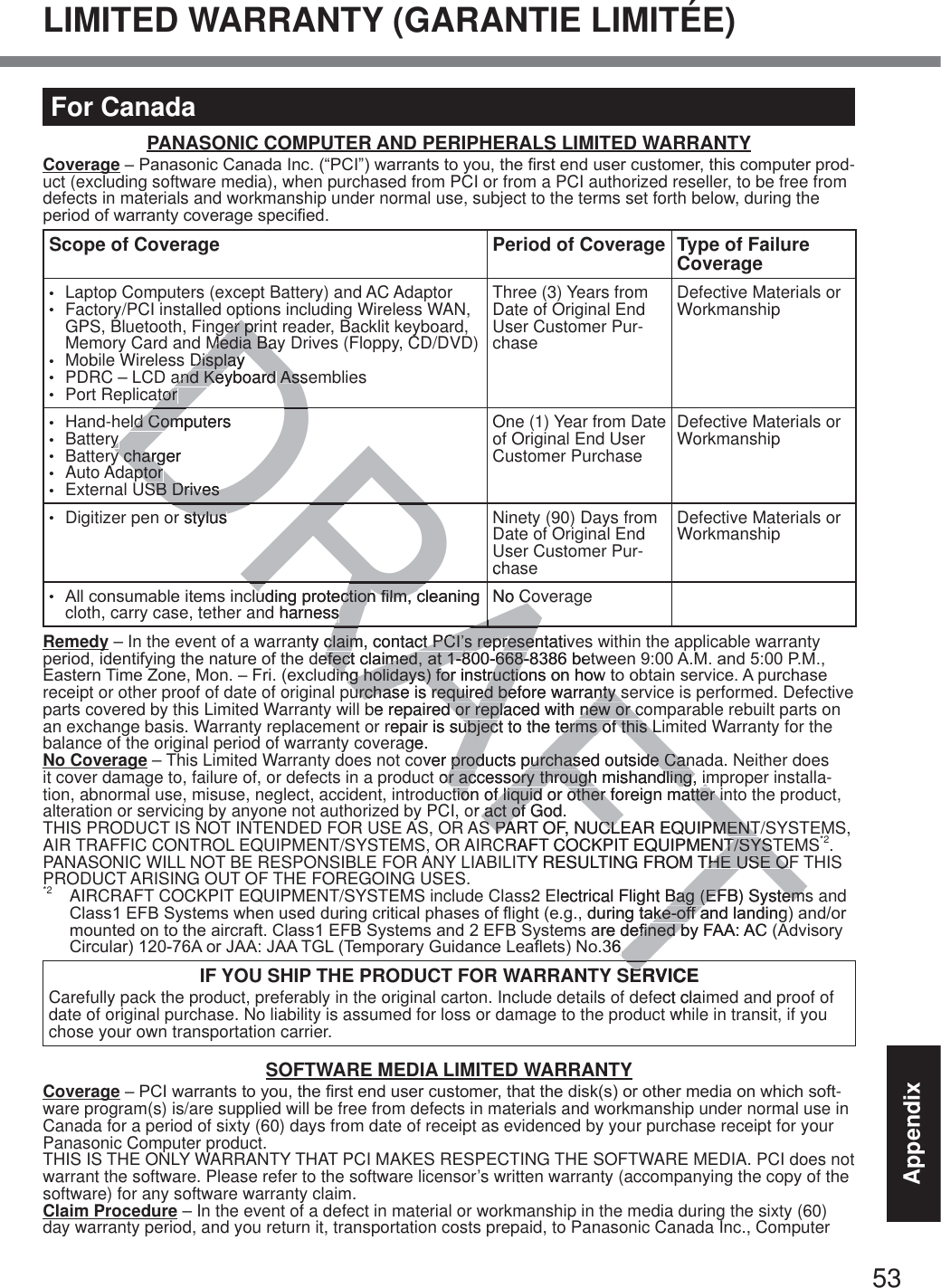 53AppendixLIMITED WARRANTY (GARANTIE LIMITÉE)For CanadaPANASONIC COMPUTER AND PERIPHERALS LIMITED WARRANTYCoverage±3DQDVRQLF&amp;DQDGD,QF³3&amp;,´ZDUUDQWVWR\RXWKH¿UVWHQGXVHUFXVWRPHUWKLVFRPSXWHUSURG-uct (excluding software media), when purchased from PCI or from a PCI authorized reseller, to be free from defects in materials and workmanship under normal use, subject to the terms set forth below, during the SHULRGRIZDUUDQW\FRYHUDJHVSHFL¿HGScope of Coverage Period of Coverage Type of Failure Coveraget  Laptop Computers (except Battery) and AC Adaptort  Factory/PCI installed options including Wireless WAN, GPS, Bluetooth, Finger print reader, Backlit keyboard, Memory Card and Media Bay Drives (Floppy, CD/DVD)t  Mobile Wireless Display t  PDRC – LCD and Keyboard Assembliest Port ReplicatorThree (3) Years from Date of Original End User Customer Pur-chaseDefective Materials or Workmanshipt Hand-held Computerst Batteryt Battery chargert Auto Adaptort  External USB DrivesOne (1) Year from Date of Original End User Customer PurchaseDefective Materials or Workmanshipt  Digitizer pen or stylus Ninety (90) Days from Date of Original End User Customer Pur-chaseDefective Materials or Workmanshipt $OOFRQVXPDEOHLWHPVLQFOXGLQJSURWHFWLRQ¿OPFOHDQLQJcloth, carry case, tether and harness No CoverageRemedy – In the event of a warranty claim, contact PCI’s representatives within the applicable warranty SHULRGLGHQWLI\LQJWKHQDWXUHRIWKHGHIHFWFODLPHGDWEHWZHHQ$0DQG30(DVWHUQ7LPH=RQH0RQ±)ULH[FOXGLQJKROLGD\VIRULQVWUXFWLRQVRQKRZWRREWDLQVHUYLFH$SXUFKDVHreceipt or other proof of date of original purchase is required before warranty service is performed. Defective parts covered by this Limited Warranty will be repaired or replaced with new or comparable rebuilt parts on an exchange basis. Warranty replacement or repair is subject to the terms of this Limited Warranty for the balance of the original period of warranty coverage.No Coverage – This Limited Warranty does not cover products purchased outside Canada. Neither does it cover damage to, failure of, or defects in a product or accessory through mishandling, improper installa-tion, abnormal use, misuse, neglect, accident, introduction of liquid or other foreign matter into the product, alteration or servicing by anyone not authorized by PCI, or act of God.THIS PRODUCT IS NOT INTENDED FOR USE AS, OR AS PART OF, NUCLEAR EQUIPMENT/SYSTEMS, AIR TRAFFIC CONTROL EQUIPMENT/SYSTEMS, OR AIRCRAFT COCKPIT EQUIPMENT/SYSTEMS*2. PANASONIC WILL NOT BE RESPONSIBLE FOR ANY LIABILITY RESULTING FROM THE USE OF THIS PRODUCT ARISING OUT OF THE FOREGOING USES.*2  AIRCRAFT COCKPIT EQUIPMENT/SYSTEMS include Class2 Electrical Flight Bag (EFB) Systems and &amp;ODVV()%6\VWHPVZKHQXVHGGXULQJFULWLFDOSKDVHVRIÀLJKWHJGXULQJWDNHRIIDQGODQGLQJDQGRUPRXQWHGRQWRWKHDLUFUDIW&amp;ODVV()%6\VWHPVDQG()%6\VWHPVDUHGH¿QHGE\)$$$&amp;$GYLVRU\&amp;LUFXODU$RU-$$-$$7*/7HPSRUDU\*XLGDQFH/HDÀHWV1RIF YOU SHIP THE PRODUCT FOR WARRANTY SERVICECarefully pack the product, preferably in the original carton. Include details of defect claimed and proof of date of original purchase. No liability is assumed for loss or damage to the product while in transit, if you chose your own transportation carrier.SOFTWARE MEDIA LIMITED WARRANTYCoverage±3&amp;,ZDUUDQWVWR\RXWKH¿UVWHQGXVHUFXVWRPHUWKDWWKHGLVNVRURWKHUPHGLDRQZKLFKVRIW-ware program(s) is/are supplied will be free from defects in materials and workmanship under normal use in Canada for a period of sixty (60) days from date of receipt as evidenced by your purchase receipt for your Panasonic Computer product.THIS IS THE ONLY WARRANTY THAT PCI MAKES RESPECTING THE SOFTWARE MEDIA. PCI does not warrant the software. Please refer to the software licensor’s written warranty (accompanying the copy of the software) for any software warranty claim.Claim Procedure – In the event of a defect in material or workmanship in the media during the sixty (60) day warranty period, and you return it, transportation costs prepaid, to Panasonic Canada Inc., Computer DRAFTDRRAAADAAARAAper prier prMedia BayMedia BaDisplay Displayand Keyboard and Keyboard AssAstortoreld Computerseld Comyyy chargery chargaptoraptorSB DrivesSB Drivesr stylusstyluscOXGLQJSURWHFWLRQ¿OPFOHDQLQJXGLQJSURWHFWLRQ¿OPFd harnesssNo Cnty claim, contact PCI’claim, contact PCI’s representativs represeGHIHFWFODLPHGDWEHWHIHFWFODLPHGDWGLQJKROLGD\VIRULQVWUXFWLRQVRQKRZLQJKROLGD\VIRULQVWUXFWLRurchase is required before warranty surchase is required before warranty sbe repaired or replaced with new or cd or replaced with new or crepair is subject to the terms of this Lubject to the terms of this Lage.over products purchased outside Canproducts purchased outside Canor accessory through mishandling, imor accessory through mishandling, imtion of liquid or other foreign matter intion of liquid or other foreign matter inor act of God.act of S PART OF, NUCLEAR EQUIPMENT/S PART OF, NUCLEAR EQUIPMENTCRAFT COCKPIT EQUIPMENT/SYSTNT/SYSTTY RESULTING FROM THE USE OFTHE USE OElectrical Flight Bag (EFB) SystemBag (EFB) SystemJGXULQJWDNHRIDNHRIIDQGODQGLQJIDIIIDUHGH¿QHGE\)H¿QHGE$$$&amp;)TERVICEEect clawh