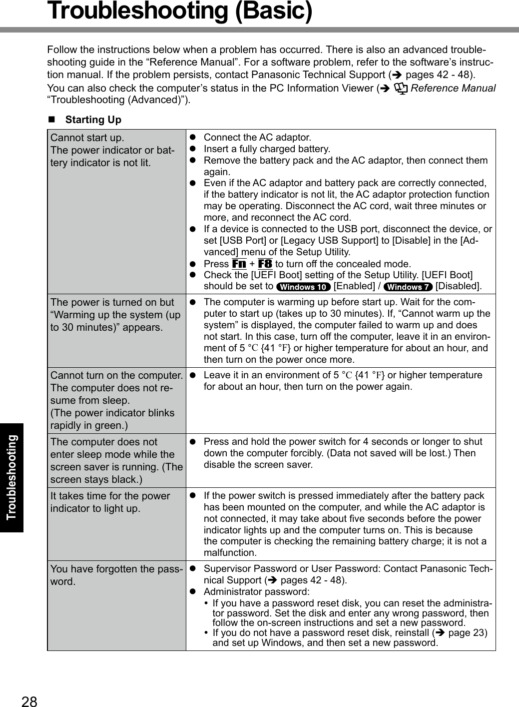 28TroubleshootingTroubleshooting (Basic)Follow the instructions below when a problem has occurred. There is also an advanced trouble-shooting guide in the “Reference Manual”. For a software problem, refer to the software’s instruc-tion manual. If the problem persists, contact Panasonic Technical Support (è pages 42 - 48). You can also check the computer’s status in the PC Information Viewer (è  Reference Manual “Troubleshooting (Advanced)”).n  Starting UpCannot start up.The power indicator or bat-tery indicator is not lit.l  Connect the AC adaptor.l  Insert a fully charged battery.l  Remove the battery pack and the AC adaptor, then connect them again. l  Even if the AC adaptor and battery pack are correctly connected, if the battery indicator is not lit, the AC adaptor protection function may be operating. Disconnect the AC cord, wait three minutes or more, and reconnect the AC cord.l  If a device is connected to the USB port, disconnect the device, or set [USB Port] or [Legacy USB Support] to [Disable] in the [Ad-vanced] menu of the Setup Utility.l Press Fn + F8 to turn off the concealed mode.l  Check the [UEFI Boot] setting of the Setup Utility. [UEFI Boot] should be set to   [Enabled] /   [Disabled].The power is turned on but “Warming up the system (up to 30 minutes)” appears.l  The computer is warming up before start up. Wait for the com-puter to start up (takes up to 30 minutes). If, “Cannot warm up the system” is displayed, the computer failed to warm up and does not start. In this case, turn off the computer, leave it in an environ-ment of 5 °C {41 °F} or higher temperature for about an hour, and then turn on the power once more.Cannot turn on the computer.The computer does not re-sume from sleep.(The power indicator blinks rapidly in green.)l  Leave it in an environment of 5 °C {41 °F} or higher temperature for about an hour, then turn on the power again.The computer does not enter sleep mode while the screen saver is running. (The screen stays black.)l  Press and hold the power switch for 4 seconds or longer to shut down the computer forcibly. (Data not saved will be lost.) Then disable the screen saver.It takes time for the power indicator to light up.l  If the power switch is pressed immediately after the battery pack has been mounted on the computer, and while the AC adaptor is notconnected,itmaytakeaboutvesecondsbeforethepowerindicator lights up and the computer turns on. This is because the computer is checking the remaining battery charge; it is not a malfunction.You have forgotten the pass-word.l  Supervisor Password or User Password: Contact Panasonic Tech-nical Support (è pages 42 - 48).l  Administrator password:   If you have a password reset disk, you can reset the administra-tor password. Set the disk and enter any wrong password, then follow the on-screen instructions and set a new password.  If you do not have a password reset disk, reinstall (è page 23) and set up Windows, and then set a new password.