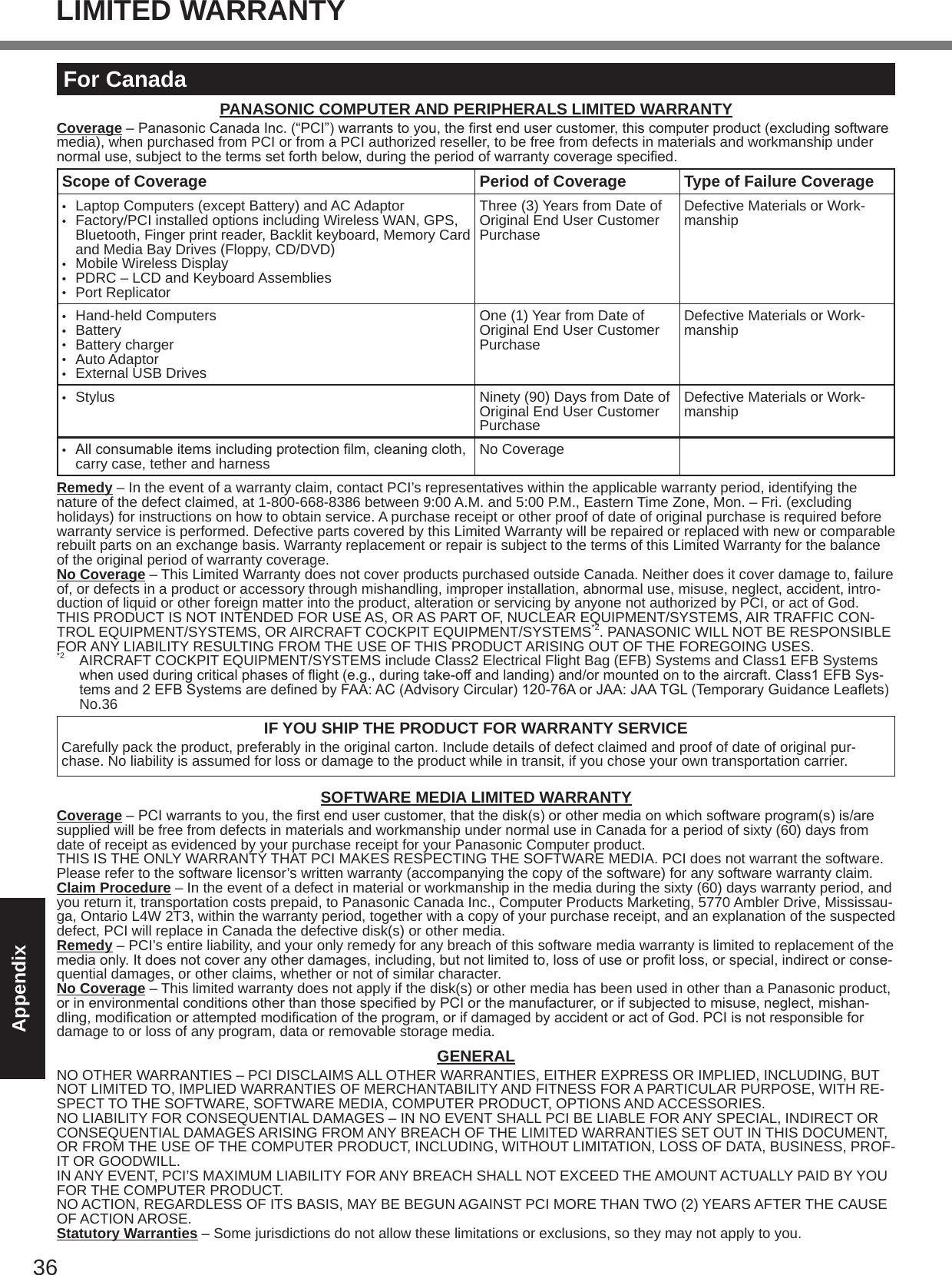 36AppendixLIMITED WARRANTYFor CanadaPANASONIC COMPUTER AND PERIPHERALS LIMITED WARRANTYCoverage–PanasonicCanadaInc.(“PCI”)warrantstoyou,therstendusercustomer,thiscomputerproduct(excludingsoftwaremedia), when purchased from PCI or from a PCI authorized reseller, to be free from defects in materials and workmanship under normaluse,subjecttothetermssetforthbelow,duringtheperiodofwarrantycoveragespecied.Scope of Coverage Period of Coverage Type of Failure Coverage•  Laptop Computers (except Battery) and AC Adaptor•  Factory/PCI installed options including Wireless WAN, GPS, Bluetooth, Finger print reader, Backlit keyboard, Memory Card and Media Bay Drives (Floppy, CD/DVD)•  Mobile Wireless Display •  PDRC – LCD and Keyboard Assemblies•  Port ReplicatorThree (3) Years from Date of Original End User Customer PurchaseDefective Materials or Work-manship•  Hand-held Computers•  Battery•  Battery charger•  Auto Adaptor•  External USB DrivesOne (1) Year from Date of Original End User Customer PurchaseDefective Materials or Work-manship•  Stylus Ninety (90) Days from Date of Original End User Customer PurchaseDefective Materials or Work-manship• Allconsumableitemsincludingprotectionlm,cleaningcloth,carry case, tether and harness No CoverageRemedy – In the event of a warranty claim, contact PCI’s representatives within the applicable warranty period, identifying the nature of the defect claimed, at 1-800-668-8386 between 9:00 A.M. and 5:00 P.M., Eastern Time Zone, Mon. – Fri. (excluding holidays) for instructions on how to obtain service. A purchase receipt or other proof of date of original purchase is required before warranty service is performed. Defective parts covered by this Limited Warranty will be repaired or replaced with new or comparable rebuilt parts on an exchange basis. Warranty replacement or repair is subject to the terms of this Limited Warranty for the balance of the original period of warranty coverage.No Coverage – This Limited Warranty does not cover products purchased outside Canada. Neither does it cover damage to, failure of, or defects in a product or accessory through mishandling, improper installation, abnormal use, misuse, neglect, accident, intro-duction of liquid or other foreign matter into the product, alteration or servicing by anyone not authorized by PCI, or act of God.THIS PRODUCT IS NOT INTENDED FOR USE AS, OR AS PART OF, NUCLEAR EQUIPMENT/SYSTEMS, AIR TRAFFIC CON-TROL EQUIPMENT/SYSTEMS, OR AIRCRAFT COCKPIT EQUIPMENT/SYSTEMS*2. PANASONIC WILL NOT BE RESPONSIBLE FOR ANY LIABILITY RESULTING FROM THE USE OF THIS PRODUCT ARISING OUT OF THE FOREGOING USES.*2  AIRCRAFT COCKPIT EQUIPMENT/SYSTEMS include Class2 Electrical Flight Bag (EFB) Systems and Class1 EFB Systems whenusedduringcriticalphasesofight(e.g.,duringtake-offandlanding)and/ormountedontotheaircraft.Class1EFBSys-temsand2EFBSystemsaredenedbyFAA:AC(AdvisoryCircular)120-76AorJAA:JAATGL(TemporaryGuidanceLeaets)No.36 IF YOU SHIP THE PRODUCT FOR WARRANTY SERVICECarefully pack the product, preferably in the original carton. Include details of defect claimed and proof of date of original pur-chase. No liability is assumed for loss or damage to the product while in transit, if you chose your own transportation carrier.SOFTWARE MEDIA LIMITED WARRANTYCoverage–PCIwarrantstoyou,therstendusercustomer,thatthedisk(s)orothermediaonwhichsoftwareprogram(s)is/aresupplied will be free from defects in materials and workmanship under normal use in Canada for a period of sixty (60) days from date of receipt as evidenced by your purchase receipt for your Panasonic Computer product.THIS IS THE ONLY WARRANTY THAT PCI MAKES RESPECTING THE SOFTWARE MEDIA. PCI does not warrant the software. Please refer to the software licensor’s written warranty (accompanying the copy of the software) for any software warranty claim.Claim Procedure – In the event of a defect in material or workmanship in the media during the sixty (60) days warranty period, and you return it, transportation costs prepaid, to Panasonic Canada Inc., Computer Products Marketing, 5770 Ambler Drive, Mississau-ga, Ontario L4W 2T3, within the warranty period, together with a copy of your purchase receipt, and an explanation of the suspected defect, PCI will replace in Canada the defective disk(s) or other media.Remedy – PCI’s entire liability, and your only remedy for any breach of this software media warranty is limited to replacement of the mediaonly.Itdoesnotcoveranyotherdamages,including,butnotlimitedto,lossofuseorprotloss,orspecial,indirectorconse-quential damages, or other claims, whether or not of similar character.No Coverage – This limited warranty does not apply if the disk(s) or other media has been used in other than a Panasonic product, orinenvironmentalconditionsotherthanthosespeciedbyPCIorthemanufacturer,orifsubjectedtomisuse,neglect,mishan-dling,modicationorattemptedmodicationoftheprogram,orifdamagedbyaccidentoractofGod.PCIisnotresponsiblefordamage to or loss of any program, data or removable storage media.GENERALNO OTHER WARRANTIES – PCI DISCLAIMS ALL OTHER WARRANTIES, EITHER EXPRESS OR IMPLIED, INCLUDING, BUT NOT LIMITED TO, IMPLIED WARRANTIES OF MERCHANTABILITY AND FITNESS FOR A PARTICULAR PURPOSE, WITH RE-SPECT TO THE SOFTWARE, SOFTWARE MEDIA, COMPUTER PRODUCT, OPTIONS AND ACCESSORIES.NO LIABILITY FOR CONSEQUENTIAL DAMAGES – IN NO EVENT SHALL PCI BE LIABLE FOR ANY SPECIAL, INDIRECT OR CONSEQUENTIAL DAMAGES ARISING FROM ANY BREACH OF THE LIMITED WARRANTIES SET OUT IN THIS DOCUMENT, OR FROM THE USE OF THE COMPUTER PRODUCT, INCLUDING, WITHOUT LIMITATION, LOSS OF DATA, BUSINESS, PROF-IT OR GOODWILL.IN ANY EVENT, PCI’S MAXIMUM LIABILITY FOR ANY BREACH SHALL NOT EXCEED THE AMOUNT ACTUALLY PAID BY YOU FOR THE COMPUTER PRODUCT.NO ACTION, REGARDLESS OF ITS BASIS, MAY BE BEGUN AGAINST PCI MORE THAN TWO (2) YEARS AFTER THE CAUSE OF ACTION AROSE.Statutory Warranties – Some jurisdictions do not allow these limitations or exclusions, so they may not apply to you.