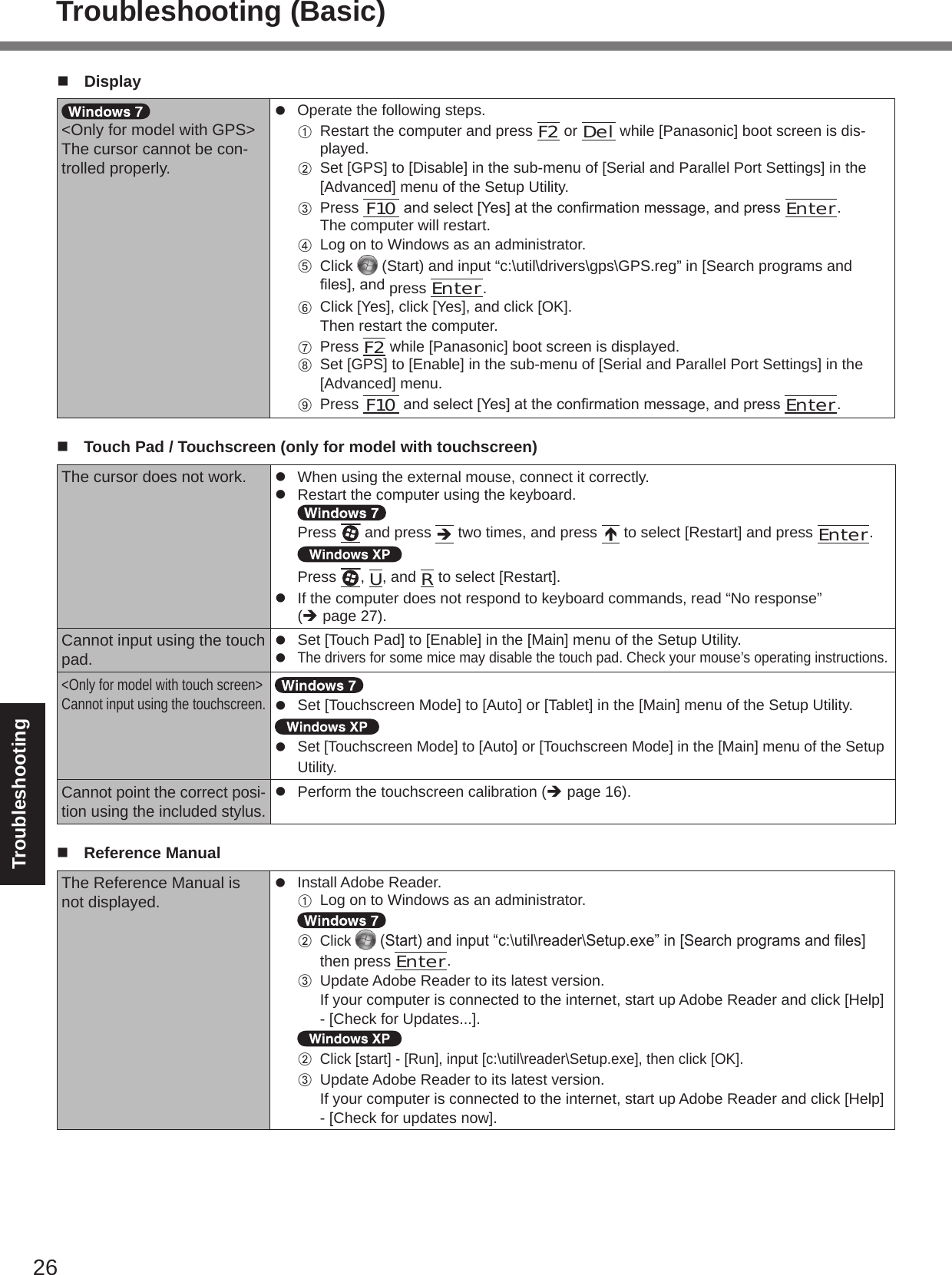 26Troubleshootingn  Display&lt;Only for model with GPS&gt;The cursor cannot be con-trolled properly.l  Operate the following steps.A   Restart the computer and press F2 or Del while [Panasonic] boot screen is dis-played.B   Set [GPS] to [Disable] in the sub-menu of [Serial and Parallel Port Settings] in the [Advanced] menu of the Setup Utility.C   Press F10andselect[Yes]attheconrmationmessage,andpressEnter. The computer will restart.D   Log on to Windows as an administrator.E   Click   (Start) and input “c:\util\drivers\gps\GPS.reg” in [Search programs and les],andpress Enter.F   Click [Yes], click [Yes], and click [OK].  Then restart the computer.G   Press F2 while [Panasonic] boot screen is displayed.H   Set [GPS] to [Enable] in the sub-menu of [Serial and Parallel Port Settings] in the [Advanced] menu.I   Press F10andselect[Yes]attheconrmationmessage,andpressEnter.n  Touch Pad / Touchscreen (only for model with touchscreen)The cursor does not work. l  When using the external mouse, connect it correctly.l  Restart the computer using the keyboard.  Press   and press è two times, and press  to select [Restart] and press Enter. Press  , U, and R to select [Restart].l  If the computer does not respond to keyboard commands, read “No response” (è page 27).Cannot input using the touch pad.l  Set [Touch Pad] to [Enable] in the [Main] menu of the Setup Utility.l The drivers for some mice may disable the touch pad. Check your mouse’s operating instructions.&lt;Only for model with touch screen&gt;Cannot input using the touchscreen.l  Set [Touchscreen Mode] to [Auto] or [Tablet] in the [Main] menu of the Setup Utility.l Set [Touchscreen Mode] to [Auto] or [Touchscreen Mode] in the [Main] menu of the Setup Utility.Cannot point the correct posi-tion using the included stylus.l  Perform the touchscreen calibration (è page 16).n  Reference ManualThe Reference Manual is not displayed.l  Install Adobe Reader.A  Log on to Windows as an administrator.B Click  (Start)andinput“c:\util\reader\Setup.exe”in[Searchprogramsandles]then press Enter.C  Update Adobe Reader to its latest version. If your computer is connected to the internet, start up Adobe Reader and click [Help] - [Check for Updates...].B Click [start] - [Run], input [c:\util\reader\Setup.exe], then click [OK].C  Update Adobe Reader to its latest version. If your computer is connected to the internet, start up Adobe Reader and click [Help] - [Check for updates now].Troubleshooting (Basic)