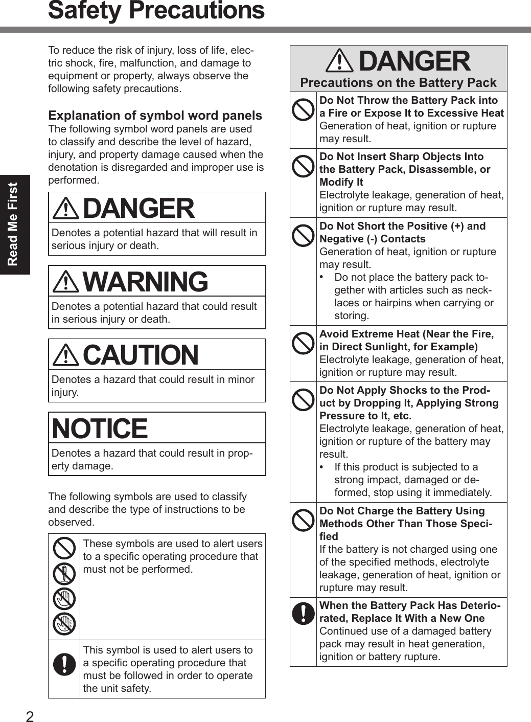 2Read Me FirstSafety PrecautionsTo reduce the risk of injury, loss of life, elec-tric shock, re, malfunction, and damage to equipment or property, always observe the following safety precautions.Explanation of symbol word panelsThe following symbol word panels are used to classify and describe the level of hazard, injury, and property damage caused when the denotation is disregarded and improper use is performed. DANGERDenotes a potential hazard that will result in serious injury or death. WARNINGDenotes a potential hazard that could result in serious injury or death. CAUTIONDenotes a hazard that could result in minor injury.NOTICEDenotes a hazard that could result in prop-erty damage.The following symbols are used to classify and describe the type of instructions to be observed.These symbols are used to alert users to a specic operating procedure that must not be performed.This symbol is used to alert users to a specic operating procedure that must be followed in order to operate the unit safety. DANGERPrecautions on the Battery PackDo Not Throw the Battery Pack into a Fire or Expose It to Excessive HeatGeneration of heat, ignition or rupture may result.Do Not Insert Sharp Objects Into the Battery Pack, Disassemble, or Modify ItElectrolyte leakage, generation of heat, ignition or rupture may result.Do Not Short the Positive (+) and Negative (-) ContactsGeneration of heat, ignition or rupture may result.•  Do not place the battery pack to-gether with articles such as neck-laces or hairpins when carrying or storing.Avoid Extreme Heat (Near the Fire, in Direct Sunlight, for Example)Electrolyte leakage, generation of heat, ignition or rupture may result.Do Not Apply Shocks to the Prod-uct by Dropping It, Applying Strong Pressure to It, etc.Electrolyte leakage, generation of heat, ignition or rupture of the battery may result.•  If this product is subjected to a strong impact, damaged or de-formed, stop using it immediately.Do Not Charge the Battery Using Methods Other Than Those Speci-edIf the battery is not charged using one of the specied methods, electrolyte leakage, generation of heat, ignition or rupture may result.When the Battery Pack Has Deterio-rated, Replace It With a New OneContinued use of a damaged battery pack may result in heat generation, ignition or battery rupture.DFQW5716ZAT_FZ-G1mk1_8_7_OI_M.indb   2 2013/01/11   13:34:56