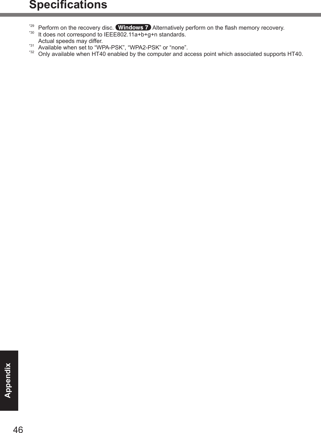 46AppendixSpecications*29  Perform on the recovery disc.   Alternatively perform on the ash memory recovery.*30  It does not correspond to IEEE802.11a+b+g+n standards. Actual speeds may differ.*31  Available when set to “WPA-PSK”, “WPA2-PSK” or “none”.*32  Only available when HT40 enabled by the computer and access point which associated supports HT40.DFQW5716ZAT_FZ-G1mk1_8_7_OI_M.indb   46 2013/01/11   18:52:03