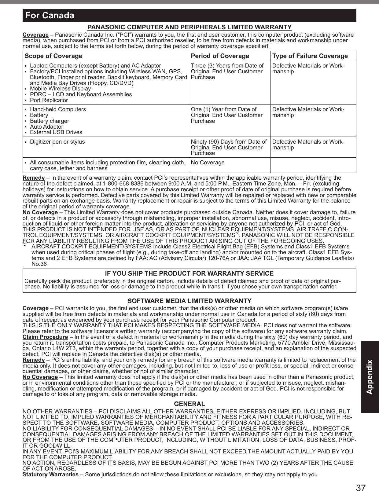 AppendixFor CanadaPANASONIC COMPUTER AND PERIPHERALS LIMITED WARRANTYCoverageScope of Coverage Period of Coverage Type of Failure Coverage• • • • • • • • • • •  •  RemedyNo Coverage IF YOU SHIP THE PRODUCT FOR WARRANTY SERVICESOFTWARE MEDIA LIMITED WARRANTYCoverageClaim ProcedureRemedyNo CoverageGENERALStatutory Warranties