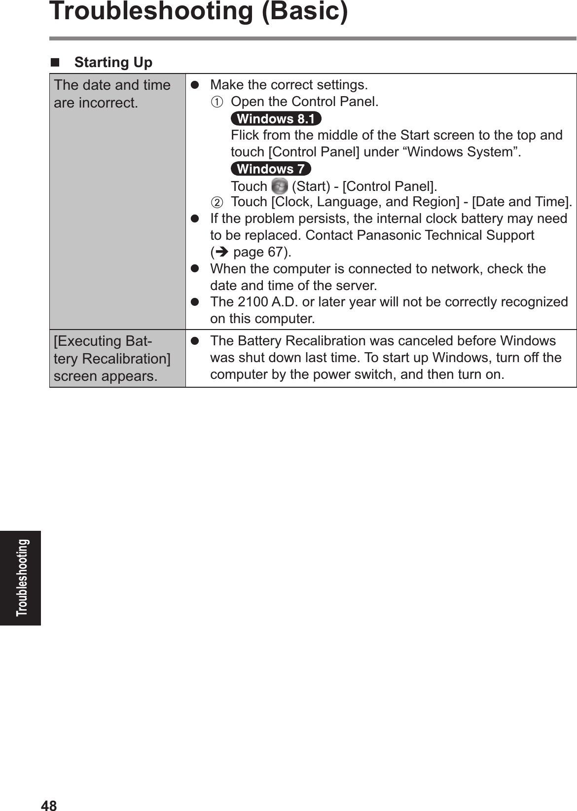 48TroubleshootingTroubleshooting (Basic)!  Starting UpThe date and time are incorrect.#  Make the correct settings.A  Open the Control Panel.  Flick from the middle of the Start screen to the top and touch [Control Panel] under “Windows System”.  Touch  (Start) - [Control Panel].B  Touch [Clock, Language, and Region] - [Date and Time].#  If the problem persists, the internal clock battery may need to be replaced. Contact Panasonic Technical Support (% page 67).#  When the computer is connected to network, check the date and time of the server.#  The 2100 A.D. or later year will not be correctly recognized on this computer.[Executing Bat-tery Recalibration] screen appears.#  The Battery Recalibration was canceled before Windows was shut down last time. To start up Windows, turn off the computer by the power switch, and then turn on.