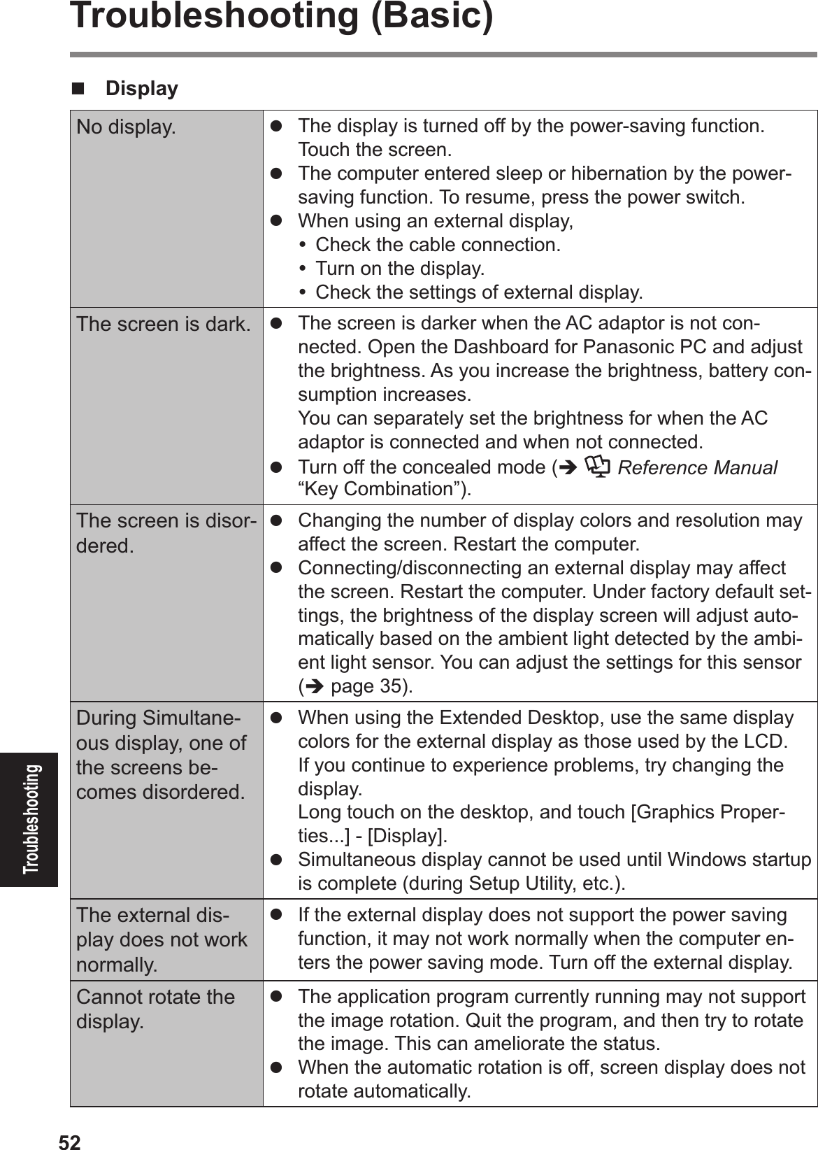 52TroubleshootingTroubleshooting (Basic)!  DisplayNo display. #  The display is turned off by the power-saving function. Touch the screen.#  The computer entered sleep or hibernation by the power-saving function. To resume, press the power switch.#  When using an external display,&amp;  Check the cable connection.&amp;  Turn on the display.&amp;  Check the settings of external display.The screen is dark. #  The screen is darker when the AC adaptor is not con-nected. Open the Dashboard for Panasonic PC and adjust the brightness. As you increase the brightness, battery con-sumption increases.$You can separately set the brightness for when the AC adaptor is connected and when not connected.#  Turn off the concealed mode (%  Reference Manual “Key Combination”).The screen is disor-dered.#  Changing the number of display colors and resolution may affect the screen. Restart the computer.#  Connecting/disconnecting an external display may affect the screen. Restart the computer. Under factory default set-tings, the brightness of the display screen will adjust auto-matically based on the ambient light detected by the ambi-ent light sensor. You can adjust the settings for this sensor (% page 35).During Simultane-ous display, one of the screens be-comes disordered.#  When using the Extended Desktop, use the same display colors for the external display as those used by the LCD. If you continue to experience problems, try changing the display. Long touch on the desktop, and touch [Graphics Proper-ties...] - [Display].#  Simultaneous display cannot be used until Windows startup is complete (during Setup Utility, etc.).The external dis-play does not work normally.#  If the external display does not support the power saving function, it may not work normally when the computer en-ters the power saving mode. Turn off the external display.Cannot rotate the display.#  The application program currently running may not support the image rotation. Quit the program, and then try to rotate the image. This can ameliorate the status.#  When the automatic rotation is off, screen display does not rotate automatically.