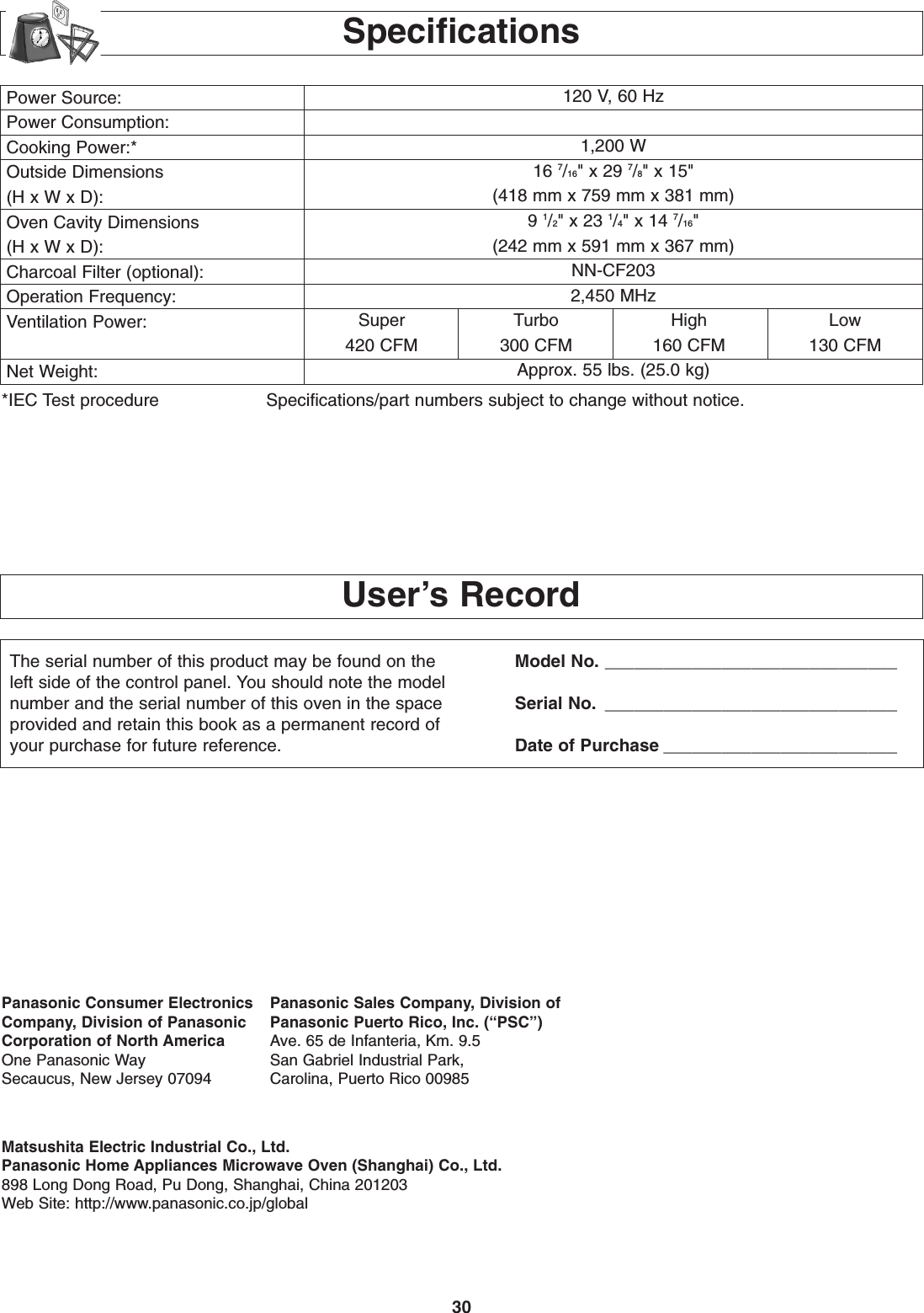30The serial number of this product may be found on theleft side of the control panel. You should note the modelnumber and the serial number of this oven in the spaceprovided and retain this book as a permanent record ofyour purchase for future reference.Model No. ______________________________Serial No. ______________________________Date of Purchase ________________________User’s RecordPanasonic Consumer Electronics Panasonic Sales Company, Division of Company, Division of Panasonic Panasonic Puerto Rico, Inc. (“PSC”)Corporation of North America Ave. 65 de Infanteria, Km. 9.5One Panasonic Way San Gabriel Industrial Park,Secaucus, New Jersey 07094 Carolina, Puerto Rico 00985Matsushita Electric Industrial Co., Ltd.Panasonic Home Appliances Microwave Oven (Shanghai) Co., Ltd.898 Long Dong Road, Pu Dong, Shanghai, China 201203Web Site: http://www.panasonic.co.jp/globalPower Source:Power Consumption:Cooking Power:*Outside Dimensions(H x W x D):Oven Cavity Dimensions(H x W x D):Charcoal Filter (optional):Operation Frequency:Ventilation Power:Net Weight:120 V, 60 Hz 12.2 Amps, 1,430 W1,200 W16 7/16&quot; x 29 7/8&quot; x 15&quot;(418 mm x 759 mm x 381 mm)9 1/2&quot; x 23 1/4&quot; x 14 7/16&quot;(242 mm x 591 mm x 367 mm)NN-CF2032,450 MHzSuper Turbo High Low420 CFM 300 CFM 160 CFM 130 CFMApprox. 55 lbs. (25.0 kg)*IEC Test procedure Specifications/part numbers subject to change without notice.Specifications