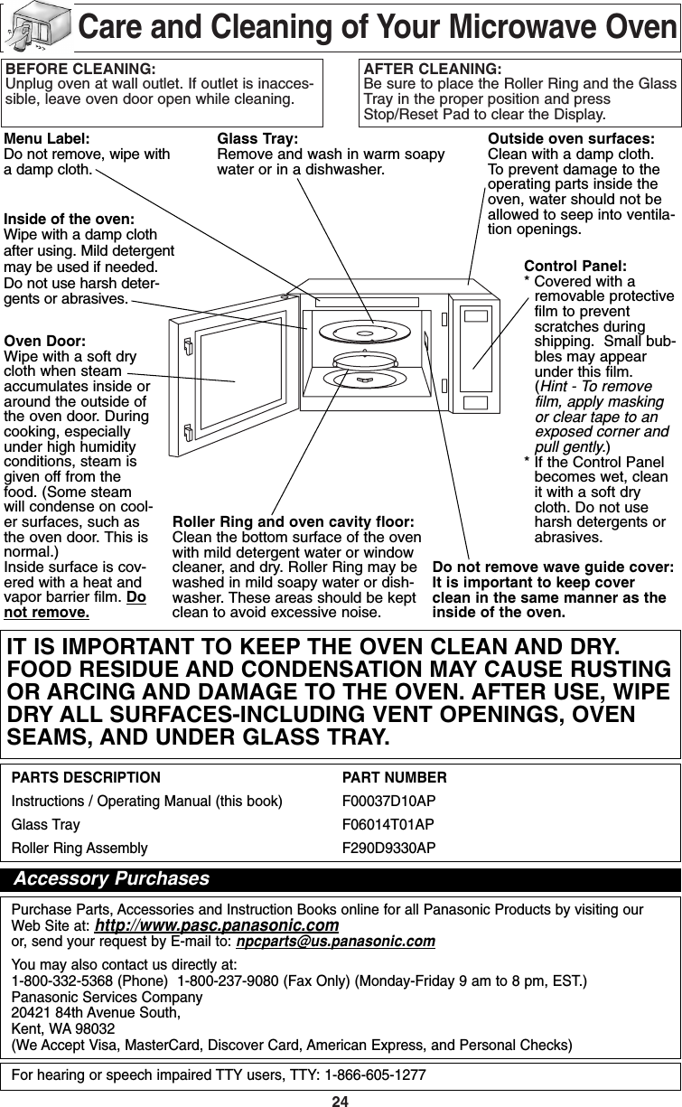 24BEFORE CLEANING:Unplug oven at wall outlet. If outlet is inacces-sible, leave oven door open while cleaning.AFTER CLEANING:Be sure to place the Roller Ring and the GlassTray in the proper position and pressStop/Reset Pad to clear the Display.Care and Cleaning of Your Microwave OvenMenu Label:Do not remove, wipe witha damp cloth.Oven Door:Wipe with a soft drycloth when steamaccumulates inside oraround the outside ofthe oven door. Duringcooking, especiallyunder high humidityconditions, steam isgiven off from thefood. (Some steamwill condense on cool-er surfaces, such asthe oven door. This isnormal.)Inside surface is cov-ered with a heat andvapor barrier film. Donot remove.Glass Tray:Remove and wash in warm soapywater or in a dishwasher.Outside oven surfaces:Clean with a damp cloth. To prevent damage to theoperating parts inside theoven, water should not beallowed to seep into ventila-tion openings.Do not remove wave guide cover:It is important to keep coverclean in the same manner as theinside of the oven.Control Panel:* Covered with aremovable protectivefilm to preventscratches duringshipping.  Small bub-bles may appearunder this film.(Hint - To removefilm, apply maskingor clear tape to anexposed corner andpull gently.)* If the Control Panelbecomes wet, cleanit with a soft drycloth. Do not useharsh detergents orabrasives.Roller Ring and oven cavity floor:Clean the bottom surface of the ovenwith mild detergent water or windowcleaner, and dry. Roller Ring may bewashed in mild soapy water or dish-washer. These areas should be keptclean to avoid excessive noise.Inside of the oven:Wipe with a damp clothafter using. Mild detergentmay be used if needed.Do not use harsh deter-gents or abrasives.IT IS IMPORTANT TO KEEP THE OVEN CLEAN AND DRY.FOOD RESIDUE AND CONDENSATION MAY CAUSE RUSTINGOR ARCING AND DAMAGE TO THE OVEN. AFTER USE, WIPEDRY ALL SURFACES-INCLUDING VENT OPENINGS, OVENSEAMS, AND UNDER GLASS TRAY.PARTS DESCRIPTION PART NUMBERInstructions / Operating Manual (this book)  F00037D10APGlass Tray  F06014T01APRoller Ring Assembly F290D9330APPurchase Parts, Accessories and Instruction Books online for all Panasonic Products by visiting ourWeb Site at: http://www.pasc.panasonic.comor, send your request by E-mail to: npcparts@us.panasonic.comYou may also contact us directly at:1-800-332-5368 (Phone)  1-800-237-9080 (Fax Only) (Monday-Friday 9 am to 8 pm, EST.)Panasonic Services Company20421 84th Avenue South,Kent, WA 98032(We Accept Visa, MasterCard, Discover Card, American Express, and Personal Checks)For hearing or speech impaired TTY users, TTY: 1-866-605-1277Accessory PurchasesF00037D10AP  2005.03.03  14:43  Page 26