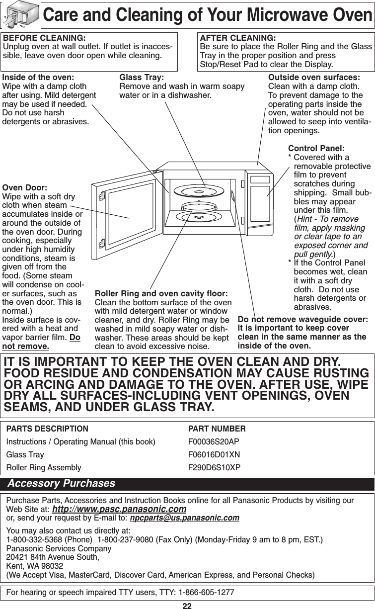 22Care and Cleaning of Your Microwave OvenBEFORE CLEANING:Unplug oven at wall outlet. If outlet is inacces-sible, leave oven door open while cleaning.AFTER CLEANING:Be sure to place the Roller Ring and the GlassTray in the proper position and pressStop/Reset Pad to clear the Display.Inside of the oven:Wipe with a damp clothafter using. Mild detergentmay be used if needed.Do not use harsh detergents or abrasives.Oven Door:Wipe with a soft drycloth when steamaccumulates inside oraround the outside ofthe oven door. Duringcooking, especiallyunder high humidityconditions, steam isgiven off from thefood. (Some steamwill condense on cool-er surfaces, such asthe oven door. This isnormal.)Inside surface is cov-ered with a heat andvapor barrier film. Donot remove.Glass Tray:Remove and wash in warm soapywater or in a dishwasher.Outside oven surfaces:Clean with a damp cloth. To prevent damage to theoperating parts inside theoven, water should not beallowed to seep into ventila-tion openings.Do not remove waveguide cover:It is important to keep coverclean in the same manner as theinside of the oven.Control Panel:* Covered with aremovable protectivefilm to preventscratches duringshipping.  Small bub-bles may appearunder this film.(Hint - To removefilm, apply maskingor clear tape to anexposed corner andpull gently.)* If the Control Panelbecomes wet, cleanit with a soft drycloth.  Do not useharsh detergents orabrasives.Roller Ring and oven cavity floor:Clean the bottom surface of the ovenwith mild detergent water or windowcleaner, and dry. Roller Ring may bewashed in mild soapy water or dish-washer. These areas should be keptclean to avoid excessive noise.IT IS IMPORTANT TO KEEP THE OVEN CLEAN AND DRY.FOOD RESIDUE AND CONDENSATION MAY CAUSE RUSTINGOR ARCING AND DAMAGE TO THE OVEN. AFTER USE, WIPEDRY ALL SURFACES-INCLUDING VENT OPENINGS, OVENSEAMS, AND UNDER GLASS TRAY.PARTS DESCRIPTION PART NUMBERInstructions / Operating Manual (this book)  F00036S20APGlass Tray  F06016D01XNRoller Ring Assembly F290D6S10XPPurchase Parts, Accessories and Instruction Books online for all Panasonic Products by visiting ourWeb Site at: http://www.pasc.panasonic.comor, send your request by E-mail to: npcparts@us.panasonic.comYou may also contact us directly at:1-800-332-5368 (Phone)  1-800-237-9080 (Fax Only) (Monday-Friday 9 am to 8 pm, EST.)Panasonic Services Company20421 84th Avenue South,Kent, WA 98032(We Accept Visa, MasterCard, Discover Card, American Express, and Personal Checks)For hearing or speech impaired TTY users, TTY: 1-866-605-1277Accessory PurchasesF00036S20AP  2005.01.31  08:50  Page 24