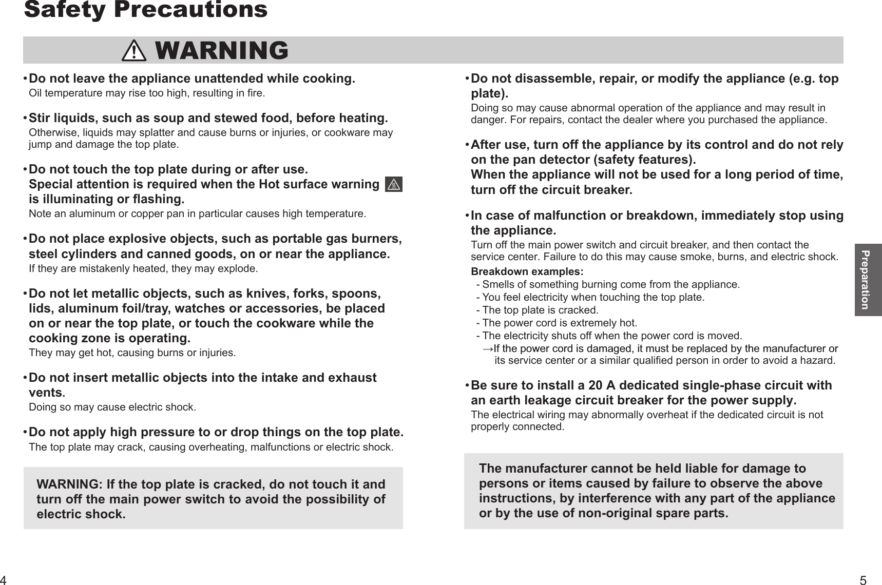  WARNINGWARNING: If the top plate is cracked, do not touch it and turn off the main power switch to avoid the possibility of electric shock.Do not leave the appliance unattended while cooking.Oil temperature may rise too high, resulting in fire.Stir liquids, such as soup and stewed food, before heating.Otherwise, liquids may splatter and cause burns or injuries, or cookware may jump and damage the top plate.Do not touch the top plate during or after use. Special attention is required when the Hot surface warning is illuminating or flashing.Note an aluminum or copper pan in particular causes high temperature. Do not place explosive objects, such as portable gas burners, steel cylinders and canned goods, on or near the appliance.If they are mistakenly heated, they may explode. Do not let metallic objects, such as knives, forks, spoons, lids, aluminum foil/tray, watches or accessories, be placed on or near the top plate, or touch the cookware while the cooking zone is operating.They may get hot, causing burns or injuries. Do not insert metallic objects into the intake and exhaust vents.Doing so may cause electric shock.Do not apply high pressure to or drop things on the top plate.The top plate may crack, causing overheating, malfunctions or electric shock.Do not disassemble, repair, or modify the appliance (e.g. top plate).Doing so may cause abnormal operation of the appliance and may result in danger. For repairs, contact the dealer where you purchased the appliance. After use, turn off the appliance by its control and do not rely on the pan detector (safety features).When the appliance will not be used for a long period of time, turn off the circuit breaker. In case of malfunction or breakdown, immediately stop using the appliance.Turn off the main power switch and circuit breaker, and then contact the service center. Failure to do this may cause smoke, burns, and electric shock. Breakdown examples:   - Smells of something burning come from the appliance.   - You feel electricity when touching the top plate.   - The top plate is cracked.   - The power cord is extremely hot.   - The electricity shuts off when the power cord is moved. ĺ,IWKHSRZHUFRUGLVGDPDJHGLWPXVWEHUHSODFHGE\WKHPDQXIDFWXUHURU        its service center or a similar qualified person in order to avoid a hazard.Be sure to install a 20 A dedicated single-phase circuit with an earth leakage circuit breaker for the power supply.The electrical wiring may abnormally overheat if the dedicated circuit is not properly connected.The manufacturer cannot be held liable for damage to persons or items caused by failure to observe the above instructions, by interference with any part of the appliance or by the use of non-original spare parts.Preparation4 5Safety Precautions