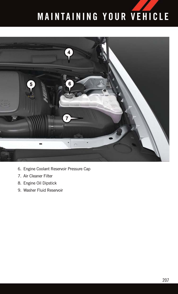 6. Engine Coolant Reservoir Pressure Cap7. Air Cleaner Filter8. Engine Oil Dipstick9. Washer Fluid ReservoirMAINTAINING YOUR VEHICLE207