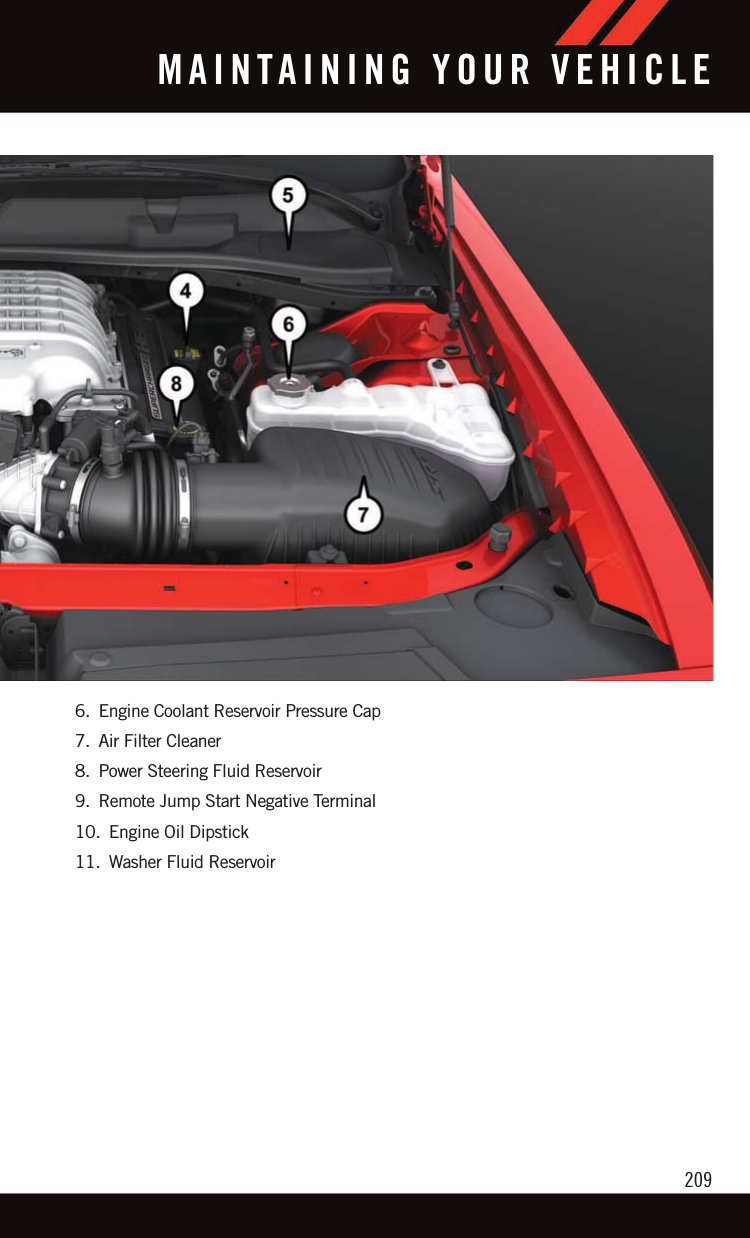 6. Engine Coolant Reservoir Pressure Cap7. Air Filter Cleaner8. Power Steering Fluid Reservoir9. Remote Jump Start Negative Terminal10. Engine Oil Dipstick11. Washer Fluid ReservoirMAINTAINING YOUR VEHICLE209
