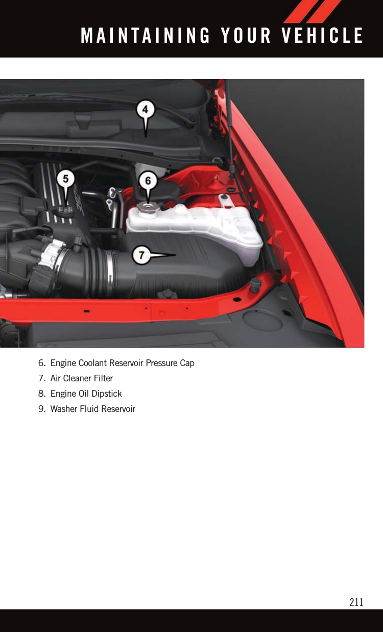 6. Engine Coolant Reservoir Pressure Cap7. Air Cleaner Filter8. Engine Oil Dipstick9. Washer Fluid ReservoirMAINTAINING YOUR VEHICLE211
