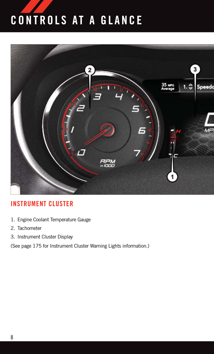 INSTRUMENT CLUSTER1. Engine Coolant Temperature Gauge2. Tachometer3. Instrument Cluster Display(See page 175 for Instrument Cluster Warning Lights information.)CONTROLS AT A GLANCE8