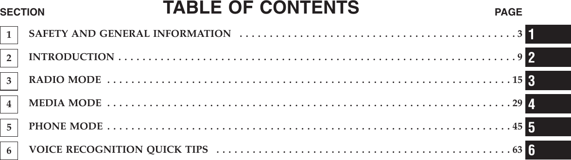 TABLE OF CONTENTSSECTION PAGE1SAFETYANDGENERALINFORMATION ..............................................32INTRODUCTION..................................................................93RADIOMODE ...................................................................154MEDIAMODE ...................................................................295PHONEMODE...................................................................456VOICERECOGNITIONQUICKTIPS .................................................63123456