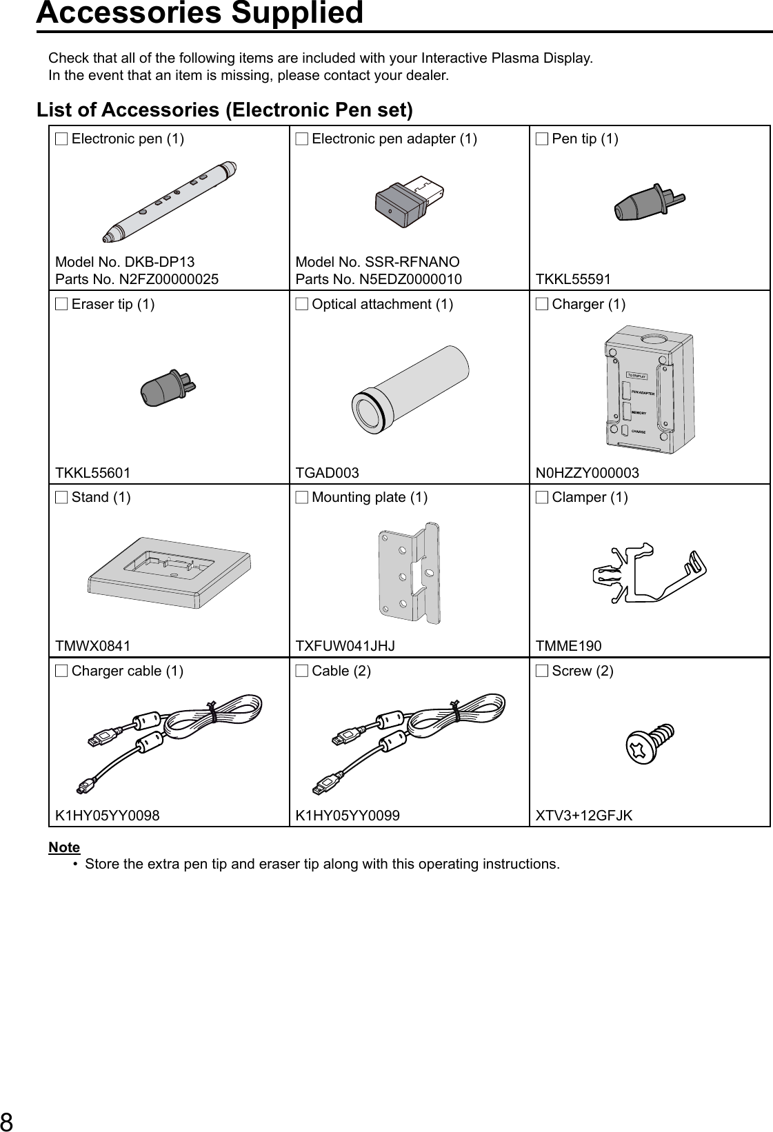 8Accessories SuppliedCheck that all of the following items are included with your Interactive Plasma Display.In the event that an item is missing, please contact your dealer.List of Accessories (Electronic Pen set) Electronic pen (1)  Electronic pen adapter (1)  Pen tip (1)Model No. DKB-DP13Parts No. N2FZ00000025Model No. SSR-RFNANOParts No. N5EDZ0000010 TKKL55591 Eraser tip (1)  Optical attachment (1)  Charger (1)TO DISPLAYTKKL55601 TGAD003 N0HZZY000003 Stand (1)  Mounting plate (1)  Clamper (1)TMWX0841 TXFUW041JHJ TMME190 Charger cable (1)  Cable (2)  Screw (2)K1HY05YY0098 K1HY05YY0099 XTV3+12GFJKNoteStore the extra pen tip and eraser tip along with this operating instructions.• 
