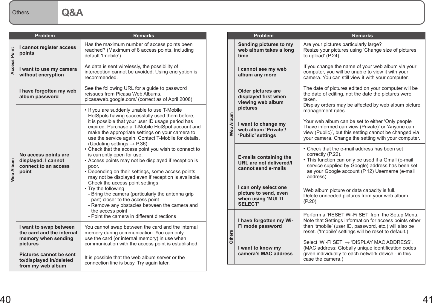 40 41Others Q&amp;AProblem RemarksAccess PointI cannot register access pointsHas the maximum number of access points been reached? (Maximum of 8 access points, including default ‘tmobile’)I want to use my camera without encryptionAs data is sent wirelessly, the possibility of interception cannot be avoided. Using encryption is recommended.I have forgotten my web album passwordSee the following URL for a guide to password reissues from Picasa Web Albums.picasaweb.google.com/ (correct as of April 2008)No access points are displayed. I cannot connect to an access point•  If you are suddenly unable to use T-Mobile HotSpots having successfully used them before, it is possible that your user ID usage period has expired. Purchase a T-Mobile HotSpot account and make the appropriate settings on your camera to use the service again. Contact T-Mobile for details. (Updating settings → P.36)•  Check that the access point you wish to connect to is currently open for use.•  Access points may not be displayed if reception is poor.•  Depending on their settings, some access points may not be displayed even if reception is available. Check the access point settings.•  Try the following  -  Bring the camera (particularly the antenna grip part) closer to the access point  -  Remove any obstacles between the camera and the access point   -  Point the camera in different directionsI want to swap between the card and the internal memory when sending picturesYou cannot swap between the card and the internal memory during communication. You can only use the card (or internal memory) in use when communication with the access point is established.Pictures cannot be sent to/displayed in/deleted from my web albumIt is possible that the web album server or the connection line is busy. Try again later.Web AlbumProblem RemarksSending pictures to my web album takes a long timeAre your pictures particularly large?Resize your pictures using ‘Change size of pictures to upload’ (P.24).I cannot see my web album any moreIf you change the name of your web album via your computer, you will be unable to view it with your camera. You can still view it with your computer.Older pictures are displayed first when viewing web album picturesThe date of pictures edited on your computer will be the date of editing, not the date the pictures were taken.Display orders may be affected by web album picture management rules.I want to change my web album ‘Private’/‘Public’ settingsYour web album can be set to either ‘Only people I have informed can view (Private)’ or ‘Anyone can view (Public)’, but this setting cannot be changed via your camera. Change the setting with your computer.E-mails containing the URL are not delivered/I cannot send e-mails•  Check that the e-mail address has been set correctly (P.22).•  This function can only be used if a Gmail (e-mail service supplied by Google) address has been set as your Google account (P.12) Username (e-mail address).I can only select one picture to send, even when using ‘MULTI SELECT’Web album picture or data capacity is full.Delete unneeded pictures from your web album (P.20).OthersI have forgotten my Wi-Fi mode passwordPerform a ‘RESET Wi-Fi SET’ from the Setup Menu. Note that Settings information for access points other than ‘tmobile’ (user ID, password, etc.) will also be reset. (‘tmobile’ settings will be reset to default.) I want to know my camera’s MAC addressSelect ‘Wi-Fi SET’ → ‘DISPLAY MAC ADDRESS’.(MAC address: Globally unique identification codes given individually to each network device - in this case the camera.)Web Album