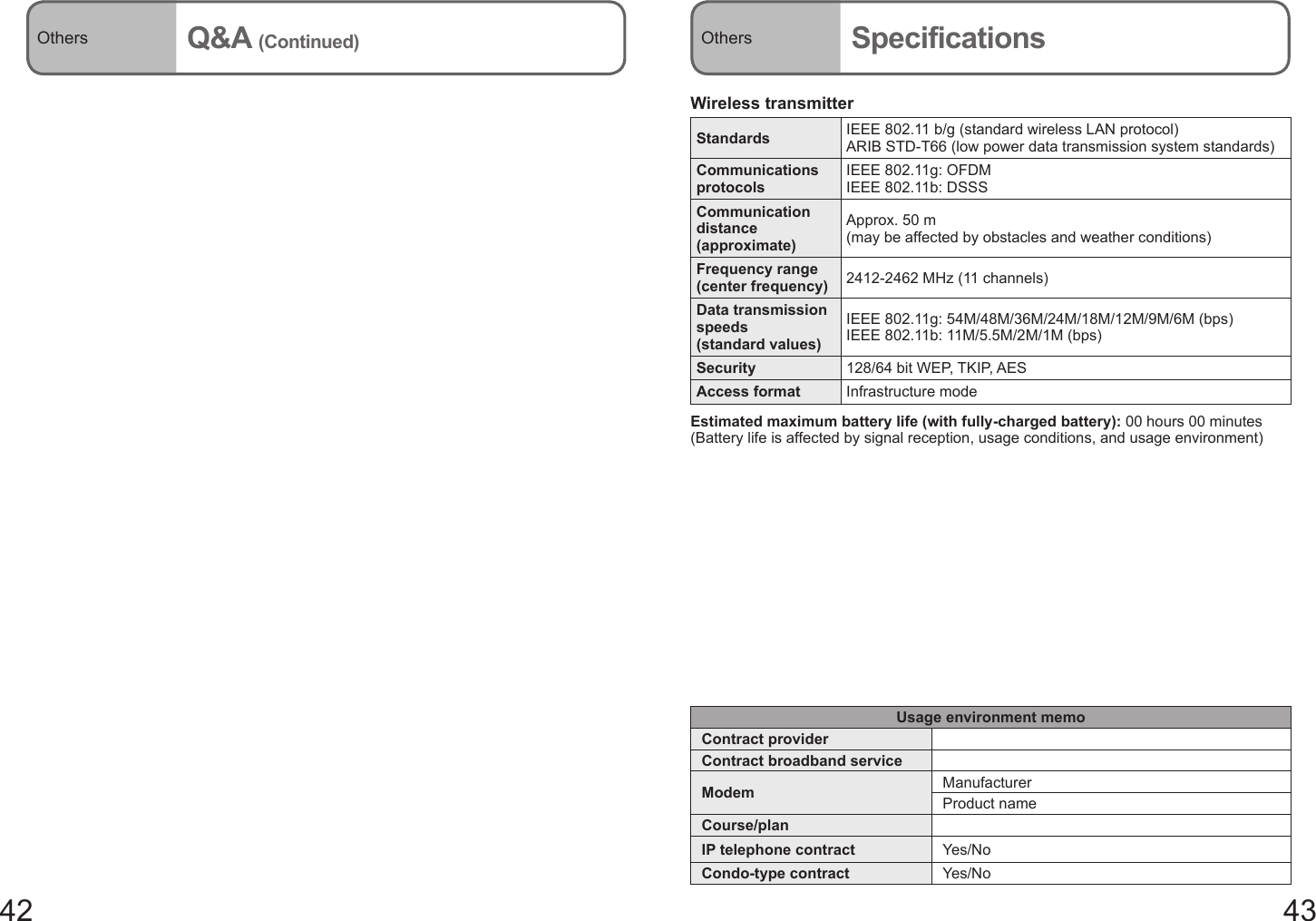 42 43Others Q&amp;A (Continued) Others SpecificationsWireless transmitterStandards IEEE 802.11 b/g (standard wireless LAN protocol)ARIB STD-T66 (low power data transmission system standards)Communications protocolsIEEE 802.11g: OFDMIEEE 802.11b: DSSSCommunication distance (approximate)Approx. 50 m (may be affected by obstacles and weather conditions)Frequency range (center frequency) 2412-2462 MHz (11 channels)Data transmission speeds (standard values)IEEE 802.11g: 54M/48M/36M/24M/18M/12M/9M/6M (bps)IEEE 802.11b: 11M/5.5M/2M/1M (bps)Security 128/64 bit WEP, TKIP, AESAccess format Infrastructure modeEstimated maximum battery life (with fully-charged battery): 00 hours 00 minutes(Battery life is affected by signal reception, usage conditions, and usage environment)Usage environment memoContract providerContract broadband serviceModem ManufacturerProduct nameCourse/planIP telephone contract Yes/NoCondo-type contract Yes/No