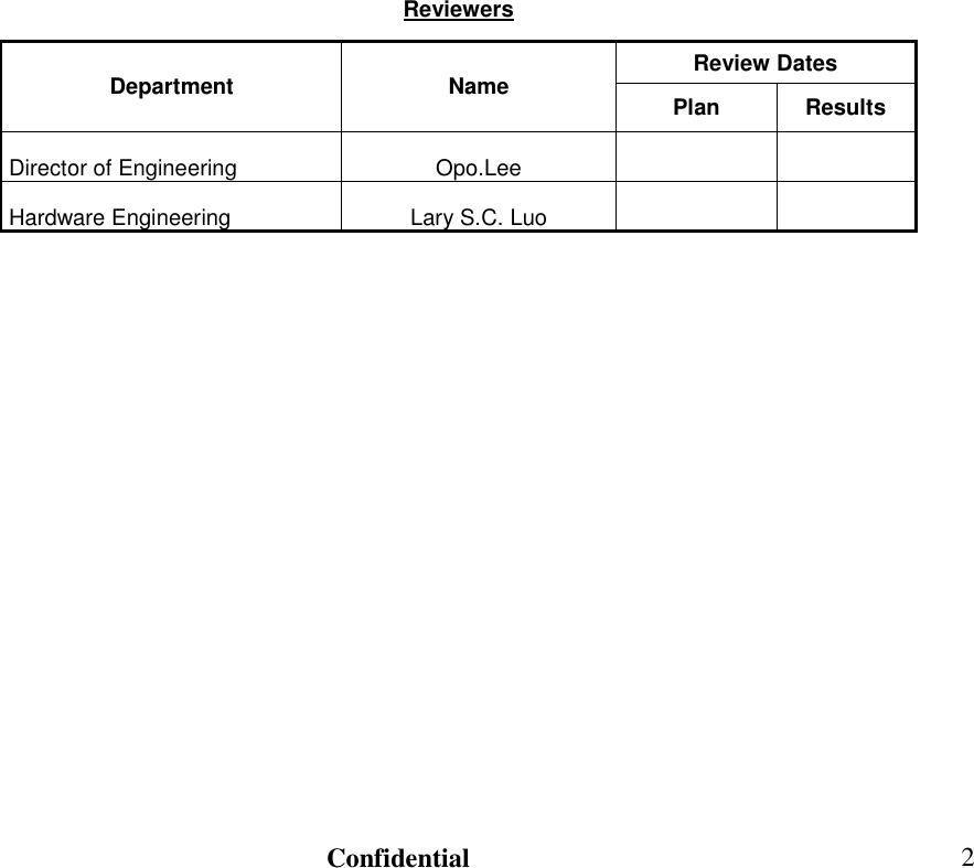                                                                               Confidential  2                Reviewers Department  Name  Review Dates Plan  Results  Director of Engineering  Opo.Lee      Hardware Engineering   Lary S.C. Luo       