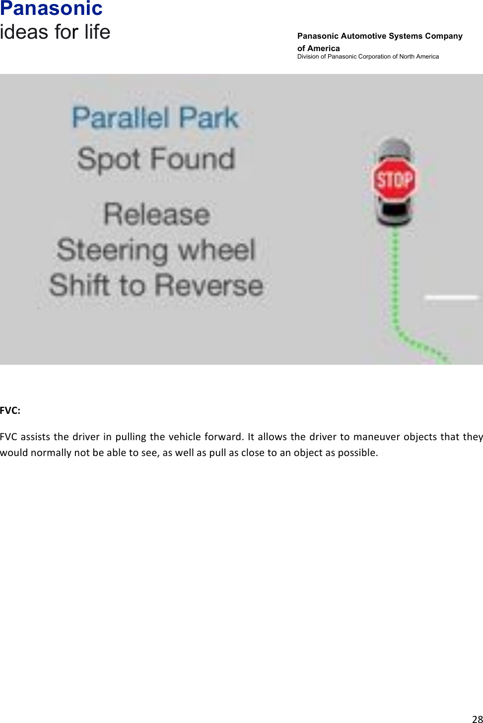 Panasonic ideas for life      Panasonic Automotive Systems Company of America Division of Panasonic Corporation of North America !28!!!!FVC:&amp;FVC!assists!the!driver!in!pulling!the!vehicle!forward.!It!allows!the!driver!to!maneuver!objects!that!they!would!normally!not!be!able!to!see,!as!well!as!pull!as!close!to!an!object!as!possible.!!!!!!!!!!