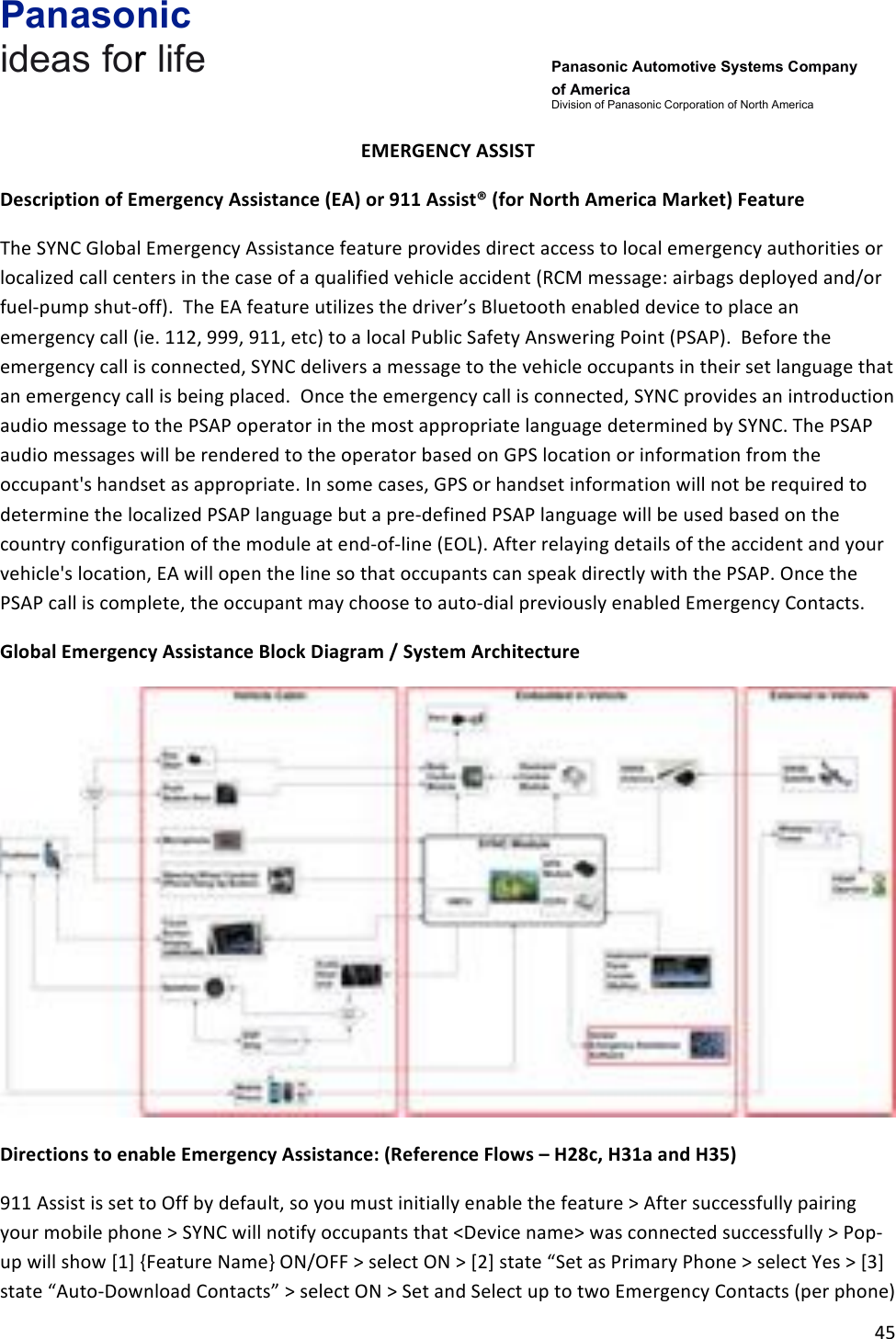 Panasonic ideas for life      Panasonic Automotive Systems Company of America Division of Panasonic Corporation of North America !45!!EMERGENCY&amp;ASSIST!Description&amp;of&amp;Emergency&amp;Assistance&amp;(EA)&amp;or&amp;911&amp;Assist®&amp;(for&amp;North&amp;America&amp;Market)&amp;Feature&amp;&amp;The!SYNC!Global!Emergency!Assistance!feature!provides!direct!access!to!local!emergency!authorities!or!localized!call!centers!in!the!case!of!a!qualified!vehicle!accident!(RCM!message:!airbags!deployed!and/or!fuel-pump!shut-off).!!The!EA!feature!utilizes!the!driver’s!Bluetooth!enabled!device!to!place!an!emergency!call!(ie.!112,!999,!911,!etc)!to!a!local!Public!Safety!Answering!Point!(PSAP).!!Before!the!emergency!call!is!connected,!SYNC!delivers!a!message!to!the!vehicle!occupants!in!their!set!language!that!an!emergency!call!is!being!placed.!!Once!the!emergency!call!is!connected,!SYNC!provides!an!introduction!audio!message!to!the!PSAP!operator!in!the!most!appropriate!language!determined!by!SYNC.!The!PSAP!audio!messages!will!be!rendered!to!the!operator!based!on!GPS!location!or!information!from!the!occupant&apos;s!handset!as!appropriate.!In!some!cases,!GPS!or!handset!information!will!not!be!required!to!determine!the!localized!PSAP!language!but!a!pre-defined!PSAP!language!will!be!used!based!on!the!country!configuration!of!the!module!at!end-of-line!(EOL).!After!relaying!details!of!the!accident!and!your!vehicle&apos;s!location,!EA!will!open!the!line!so!that!occupants!can!speak!directly!with!the!PSAP.!Once!the!PSAP!call!is!complete,!the!occupant!may!choose!to!auto-dial!previously!enabled!Emergency!Contacts.!Global&amp;Emergency&amp;Assistance&amp;Block&amp;Diagram&amp;/&amp;System&amp;Architecture&amp;!Directions&amp;to&amp;enable&amp;Emergency&amp;Assistance:&amp;(Reference&amp;Flows&amp;–&amp;H28c,&amp;H31a&amp;and&amp;H35)&amp;911!Assist!is!set!to!Off!by!default,!so!you!must!initially!enable!the!feature!&gt;!After!successfully!pairing!your!mobile!phone!&gt;!SYNC!will!notify!occupants!that!&lt;Device!name&gt;!was!connected!successfully!&gt;!Pop-up!will!show![1]!{Feature!Name}!ON/OFF!&gt;!select!ON!&gt;![2]!state!“Set!as!Primary!Phone!&gt;!select!Yes!&gt;![3]!state!“Auto-Download!Contacts”!&gt;!select!ON!&gt;!Set!and!Select!up!to!two!Emergency!Contacts!(per!phone)!