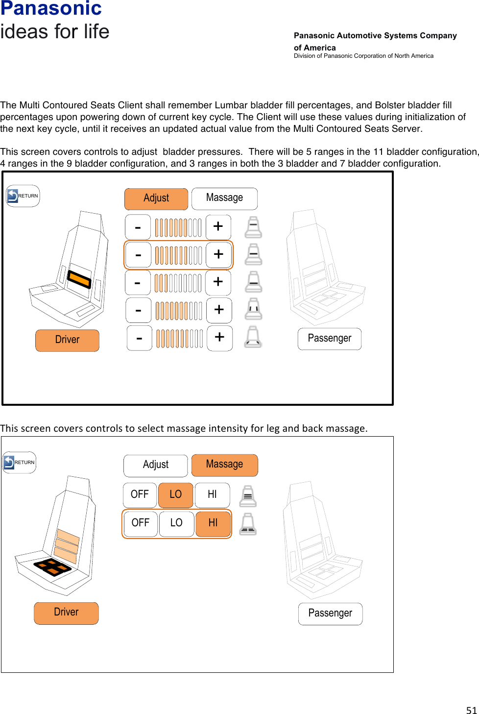 Panasonic ideas for life      Panasonic Automotive Systems Company of America Division of Panasonic Corporation of North America !51!!&amp;The Multi Contoured Seats Client shall remember Lumbar bladder fill percentages, and Bolster bladder fill percentages upon powering down of current key cycle. The Client will use these values during initialization of the next key cycle, until it receives an updated actual value from the Multi Contoured Seats Server.  This screen covers controls to adjust  bladder pressures.  There will be 5 ranges in the 11 bladder configuration, 4 ranges in the 9 bladder configuration, and 3 ranges in both the 3 bladder and 7 bladder configuration.   RETURN+-+-+-+-+-MassageAdjustDriver Passenger!!This!screen!covers!controls!to!select!massage!intensity!for!leg!and!back!massage.!  RETURN MassageAdjustDriver PassengerLOOFF HILOOFF HI &amp;