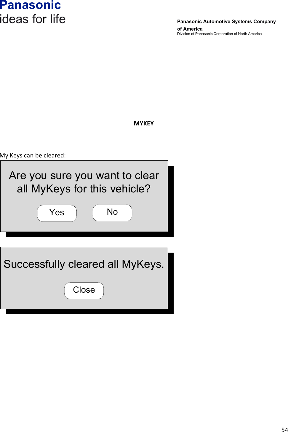 Panasonic ideas for life      Panasonic Automotive Systems Company of America Division of Panasonic Corporation of North America !54!!!!!!!!!!!MYKEY&amp;!!My!Keys!can!be!cleared:!Are you sure you want to clear all MyKeys for this vehicle?Yes No!!Successfully cleared all MyKeys.Close!!!!!!!!!!!!!!