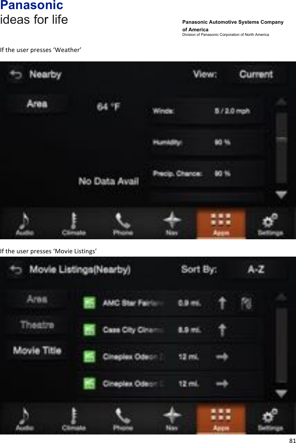 Panasonic ideas for life      Panasonic Automotive Systems Company of America Division of Panasonic Corporation of North America !81!!If!the!user!presses!‘Weather’!!If!the!user!presses!‘Movie!Listings’!