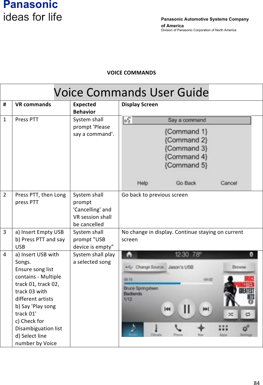 Panasonic ideas for life      Panasonic Automotive Systems Company of America Division of Panasonic Corporation of North America !84!!!!!!VOICE&amp;COMMANDS&amp;&amp;Voice!Commands!User!Guide!#&amp;VR&amp;commands&amp;Expected&amp;Behavior&amp;Display&amp;Screen&amp;1!Press!PTT!System!shall!prompt!&apos;Please!say!a!command&apos;.!!2!Press!PTT,!then!Long!press!PTT!System!shall!prompt!&apos;Cancelling&apos;!and!VR!session!shall!be!cancelled!Go!back!to!previous!screen!3!a)!Insert!Empty!USB!b)!Press!PTT!and!say!USB!System!shall!prompt!&quot;USB!device!is!empty&quot;!No!change!in!display.!Continue!staying!on!current!screen!4!a)!Insert!USB!with!Songs.!Ensure!song!list!contains!-!Multiple!track!01,!track!02,!track!03!with!different!artists!b)!Say!&apos;Play!song!track!01&apos;!c)!Check!for!Disambiguation!list!d)!Select!line!number!by!Voice!System!shall!play!a!selected!song!!
