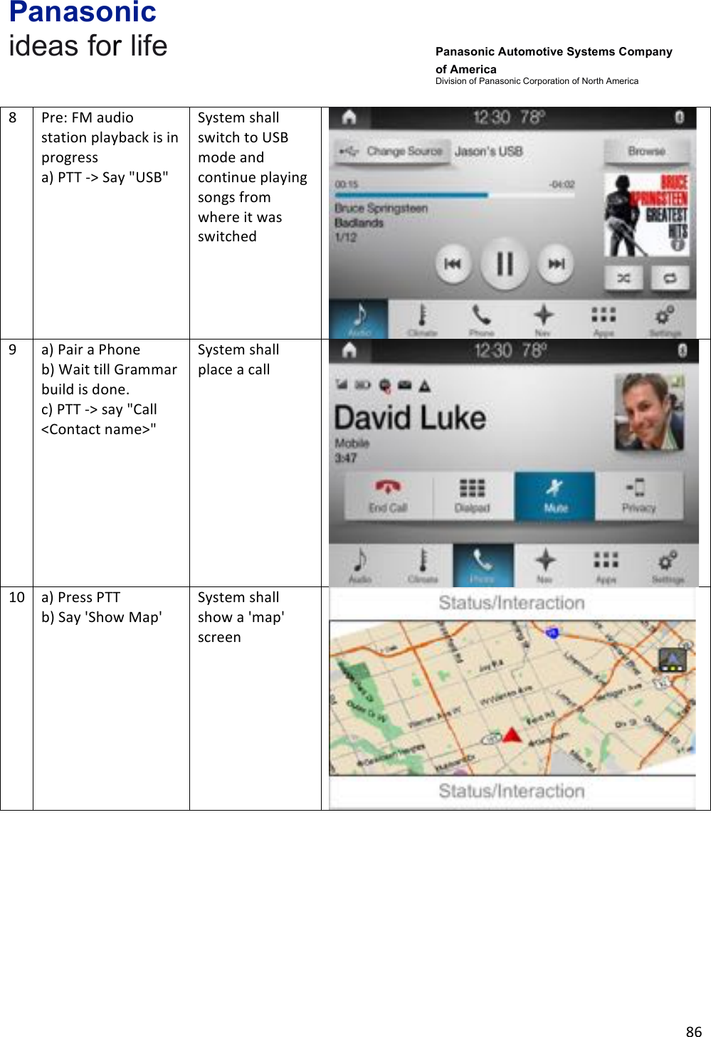 Panasonic ideas for life      Panasonic Automotive Systems Company of America Division of Panasonic Corporation of North America !86!!8!Pre:!FM!audio!station!playback!is!in!progress!a)!PTT!-&gt;!Say!&quot;USB&quot;!System!shall!switch!to!USB!mode!and!continue!playing!songs!from!where!it!was!switched!!9!a)!Pair!a!Phone!b)!Wait!till!Grammar!build!is!done.!c)!PTT!-&gt;!say!&quot;Call!&lt;Contact!name&gt;&quot;!System!shall!place!a!call!!10!a)!Press!PTT!b)!Say!&apos;Show!Map&apos;!System!shall!show!a!&apos;map&apos;!screen!!