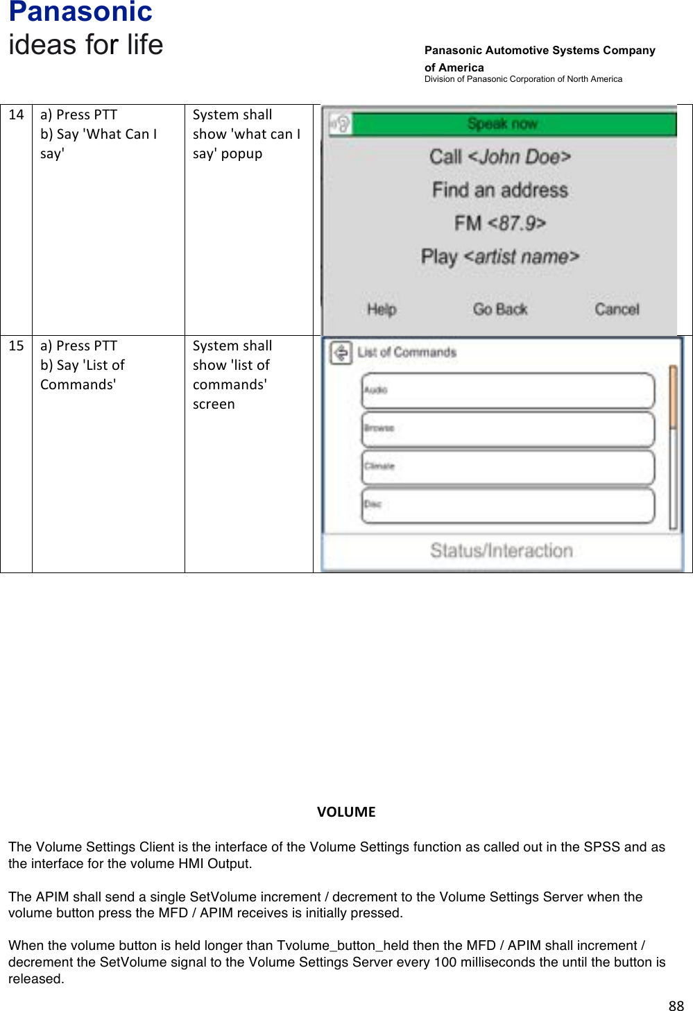 Panasonic ideas for life      Panasonic Automotive Systems Company of America Division of Panasonic Corporation of North America !88!!14!a)!Press!PTT!b)!Say!&apos;What!Can!I!say&apos;!System!shall!show!&apos;what!can!I!say&apos;!popup!!15!a)!Press!PTT!b)!Say!&apos;List!of!Commands&apos;!System!shall!show!&apos;list!of!commands&apos;!screen!!!&amp;&amp;&amp;&amp;&amp;&amp;&amp;&amp;!VOLUME&amp;The Volume Settings Client is the interface of the Volume Settings function as called out in the SPSS and as the interface for the volume HMI Output.  The APIM shall send a single SetVolume increment / decrement to the Volume Settings Server when the volume button press the MFD / APIM receives is initially pressed.  When the volume button is held longer than Tvolume_button_held then the MFD / APIM shall increment / decrement the SetVolume signal to the Volume Settings Server every 100 milliseconds the until the button is released. 